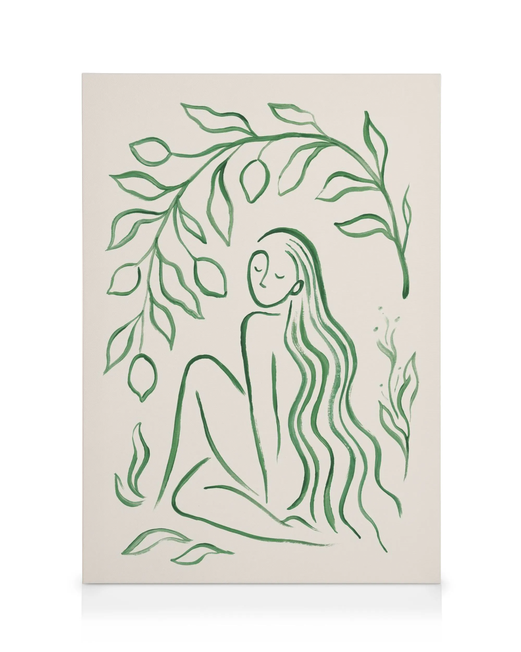 Canvas met gestileerde, groene lijntekening van een zittende vrouw met lang haar onder een boom