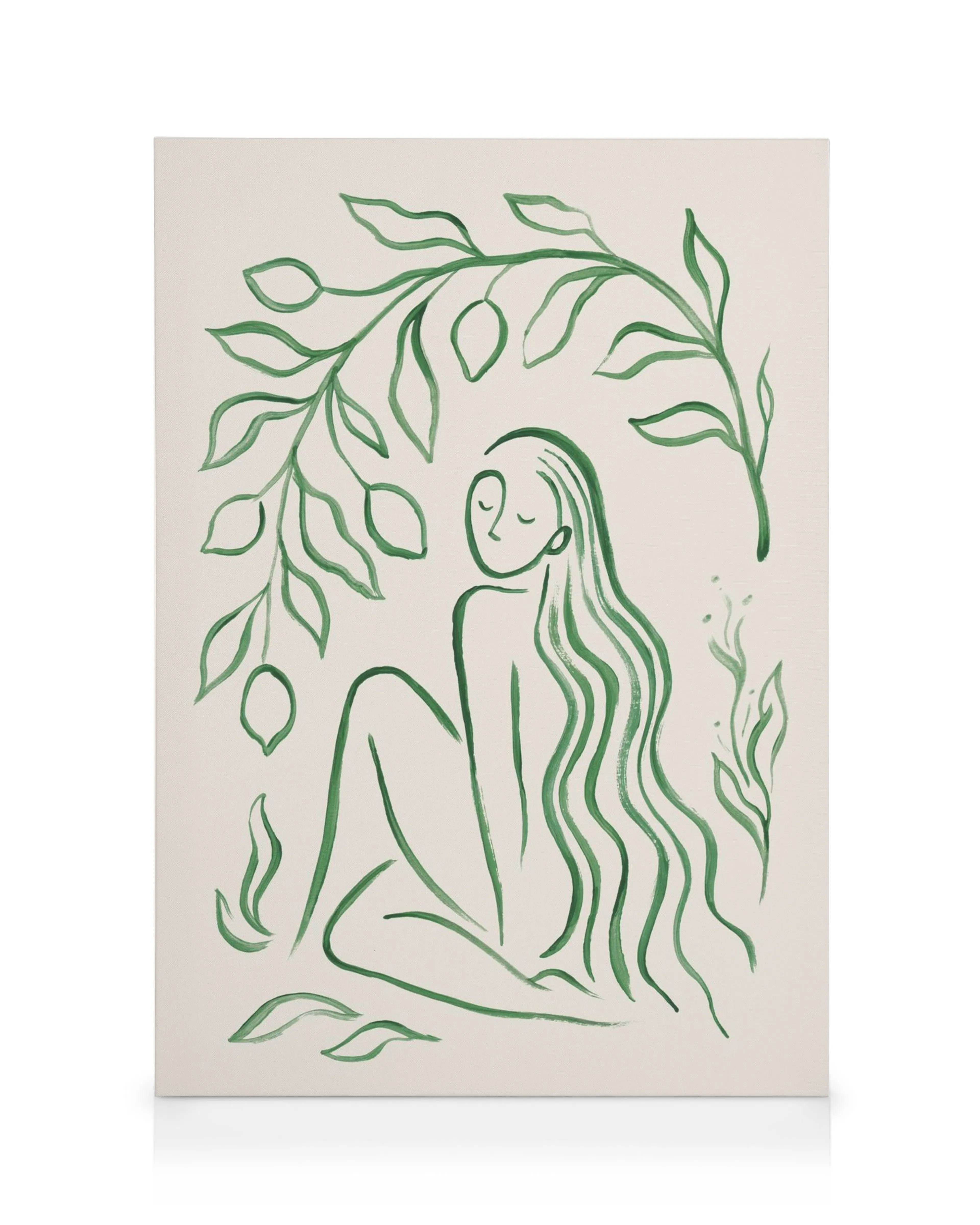 Canvas met gestileerde, groene lijntekening van een zittende vrouw met lang haar onder een boom