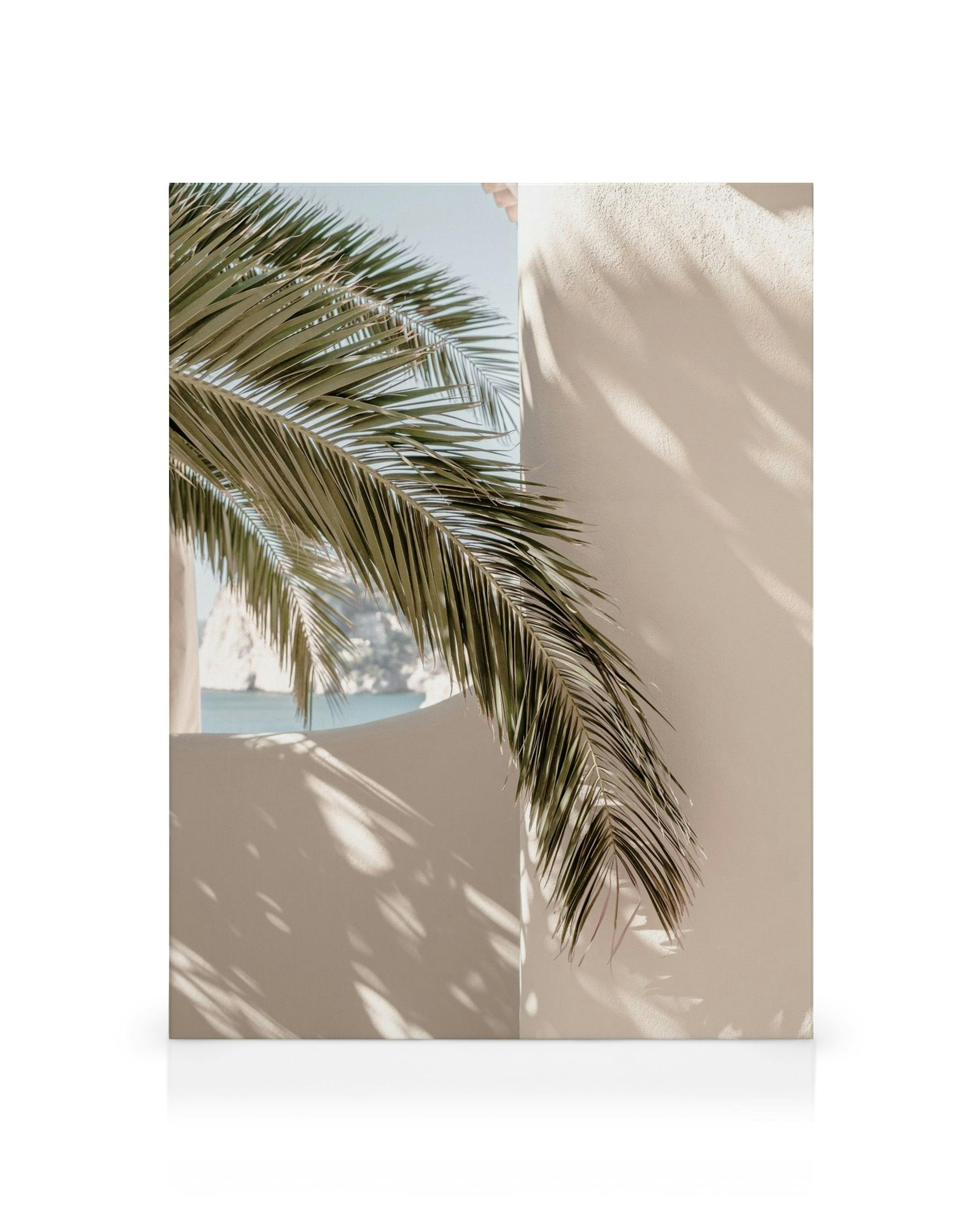 Obraz na płótnie: liść palmy rzucający cień na beżową ścianę, z widokiem na morze i góry, tropikalny wzór.