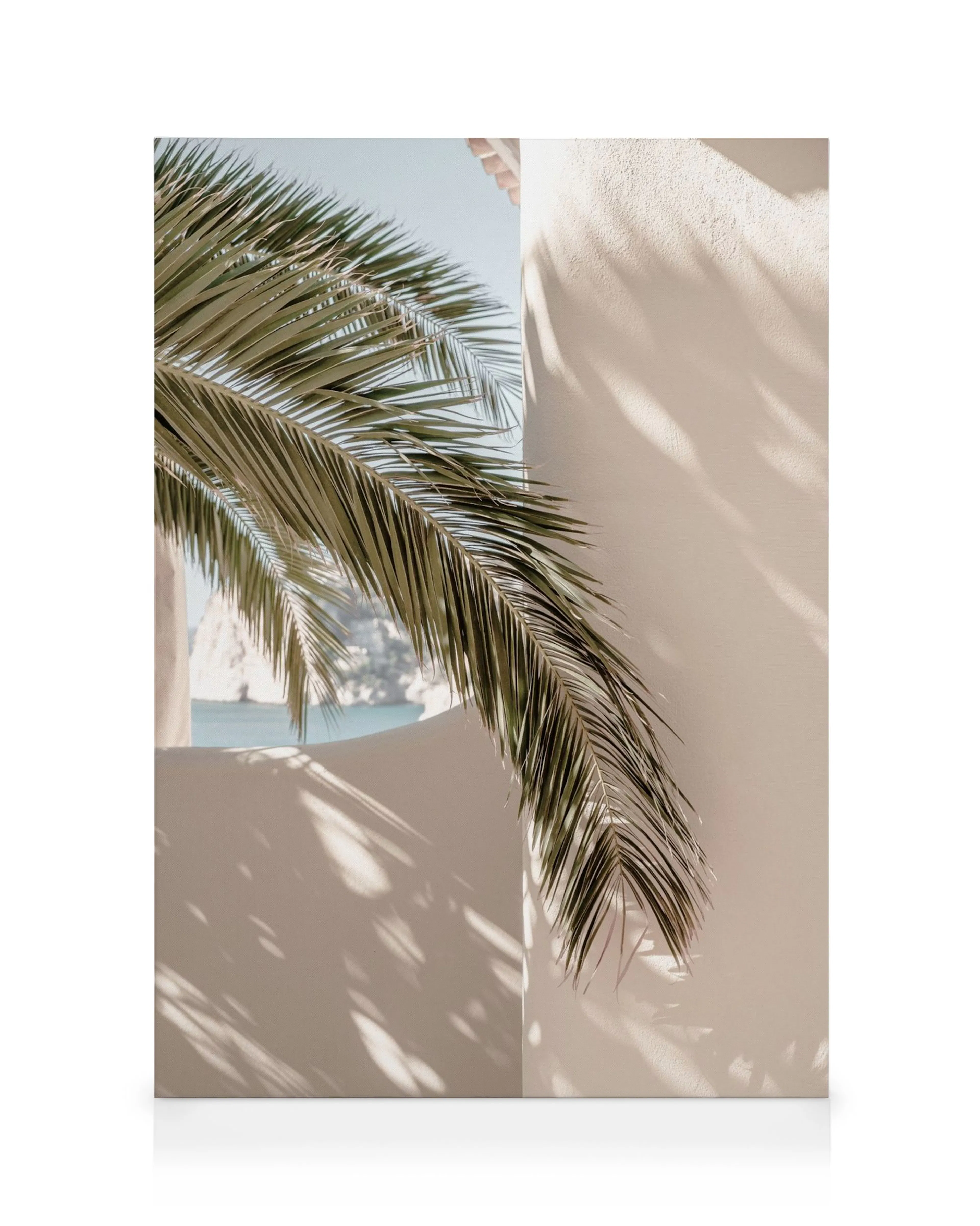 Stampa su tela tropicale con silhouette di palma e ombre su parete bianca.