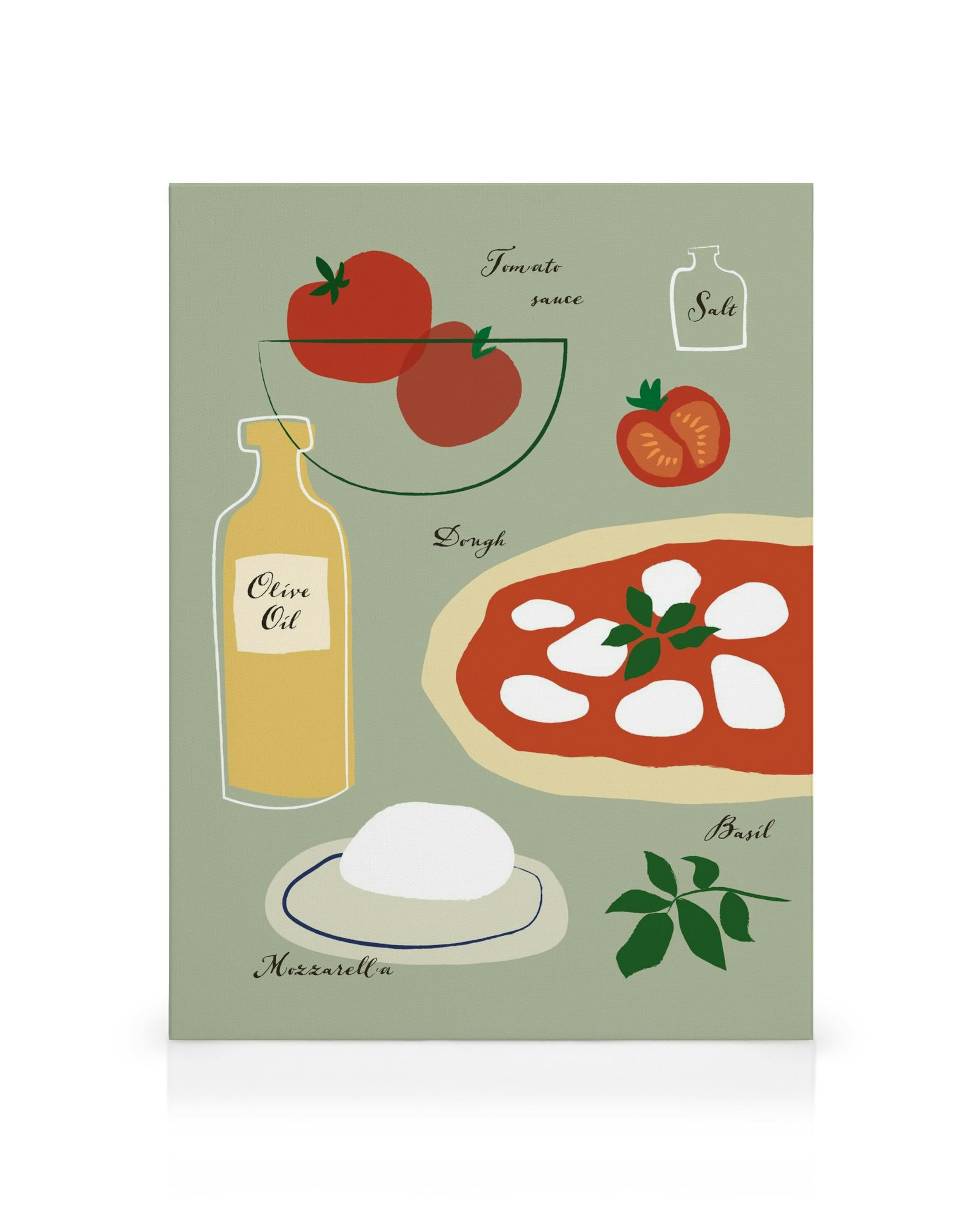 Margherita pizza ingredients illustration on canvas, featuring tomatoes, olive oil, mozzarella, basil, and salt.