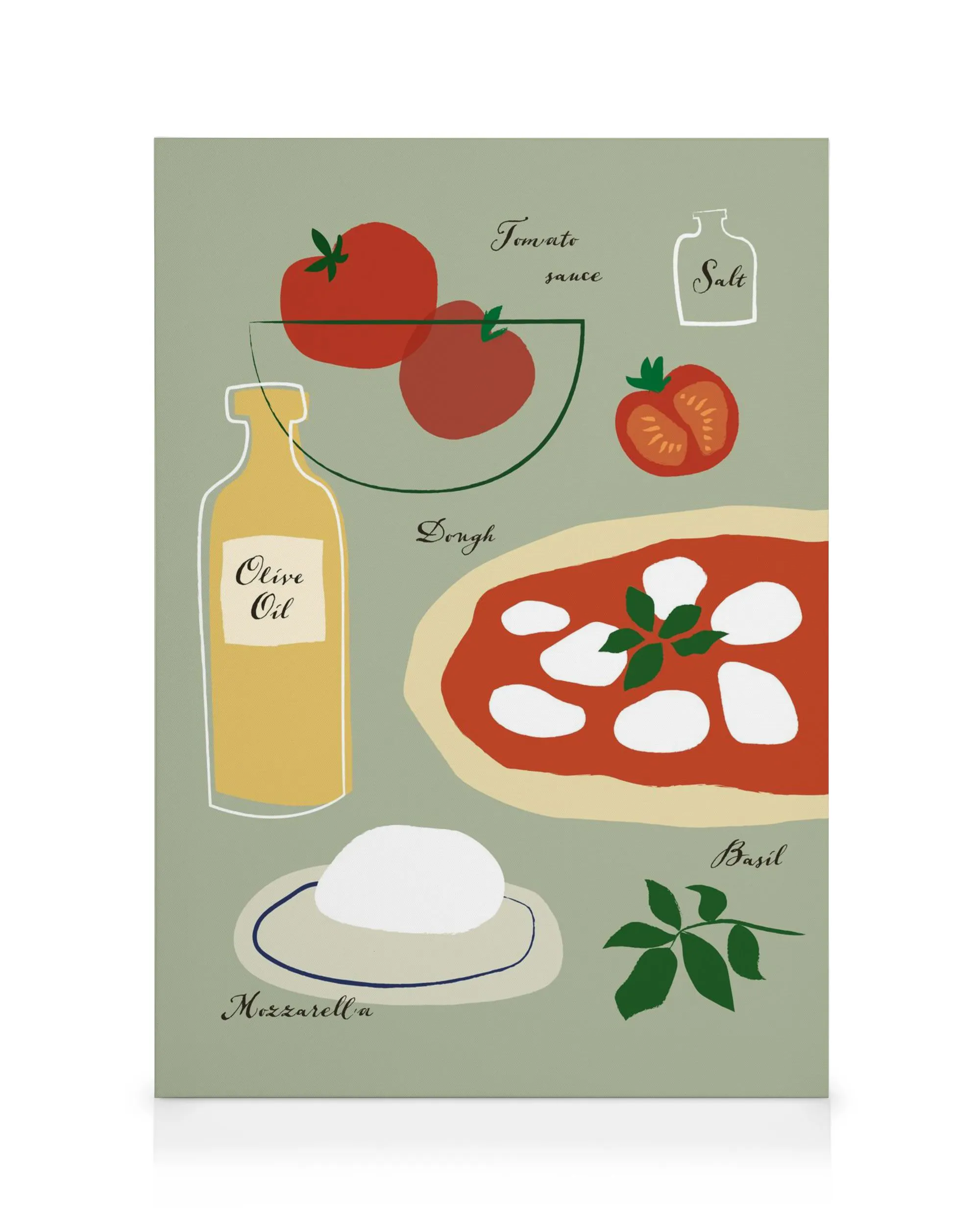 Lærred med illustrerede pizza Margherita-ingredienser: tomater, olivenolie, mozzarella, basilikum, salt og dej.