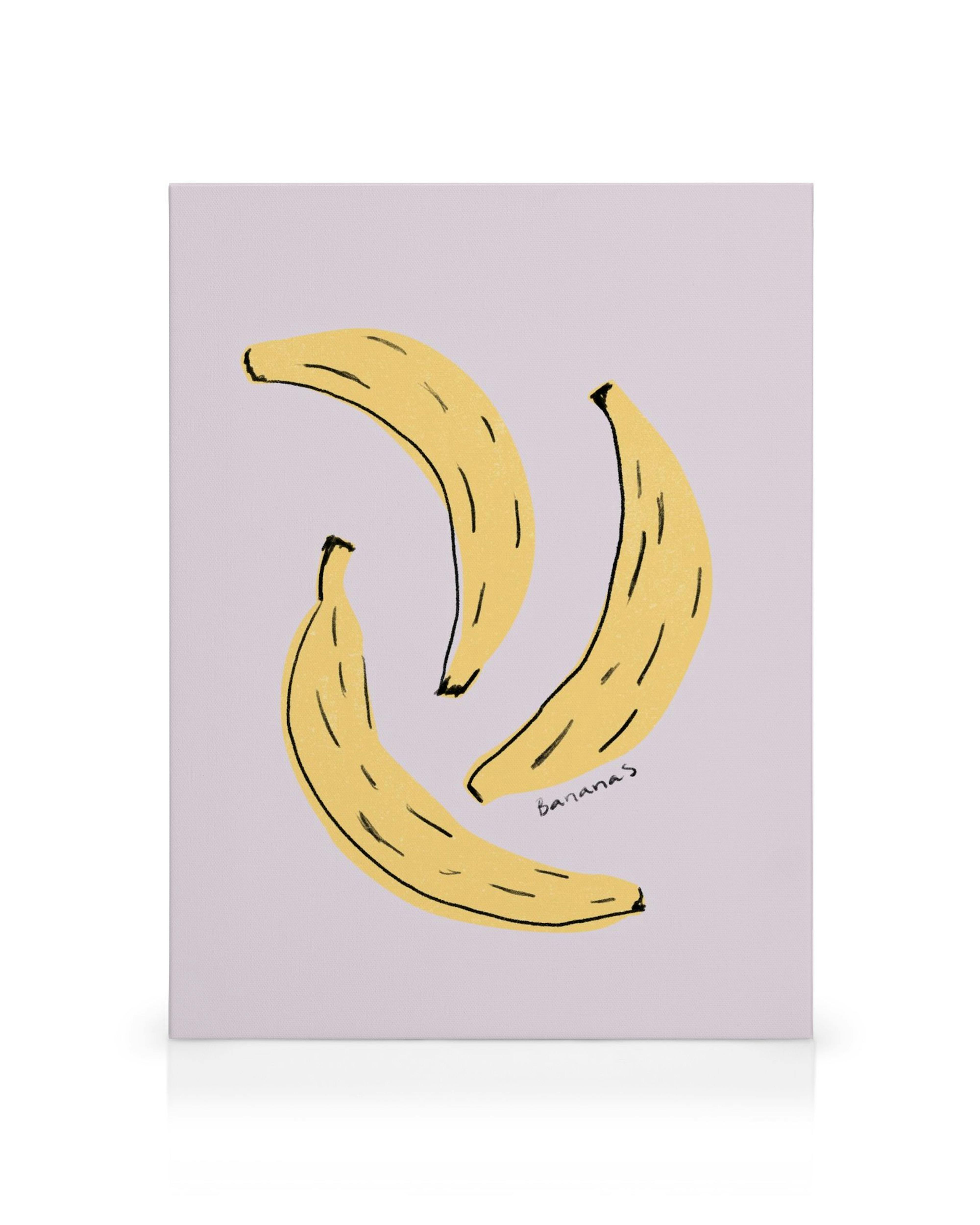 Leinwanddruck mit drei gelben Bananen auf lila Hintergrund, minimalistischer Illustrationsstil, bananas Schriftzug.