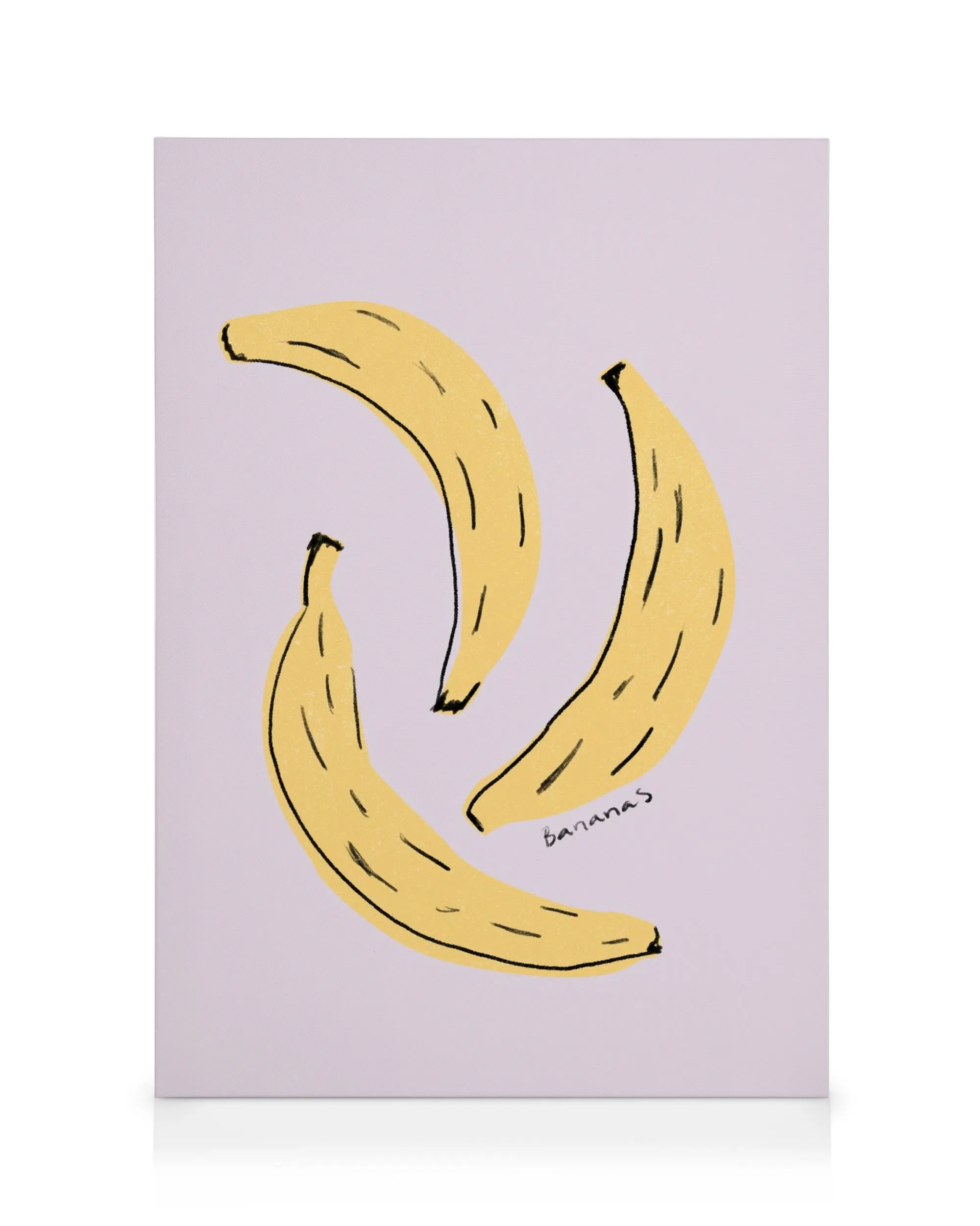 Three yellow bananas with black outlines on a light purple background, stylized canvas print.
