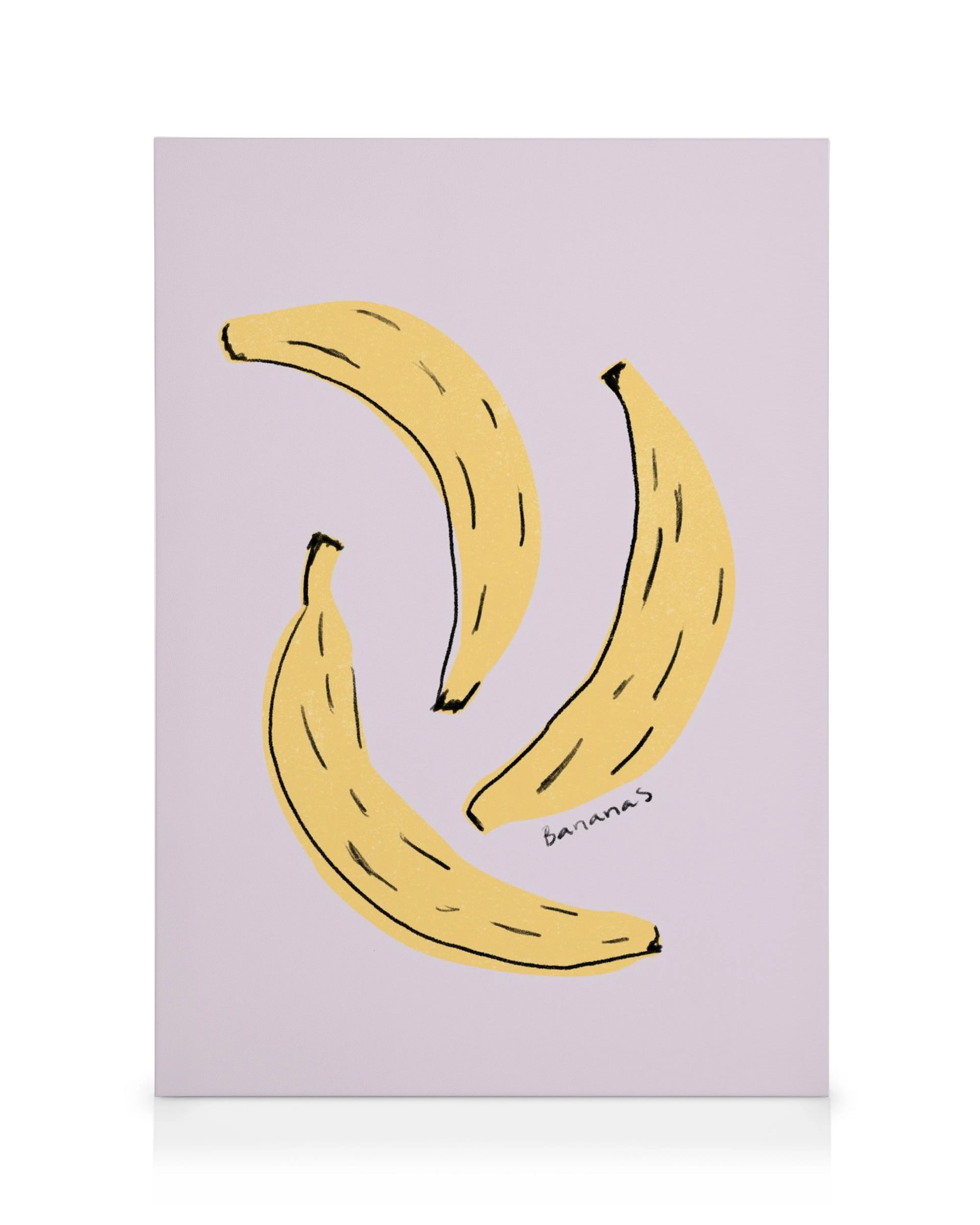 Three yellow bananas with black outlines on a light purple background, stylized canvas print.
