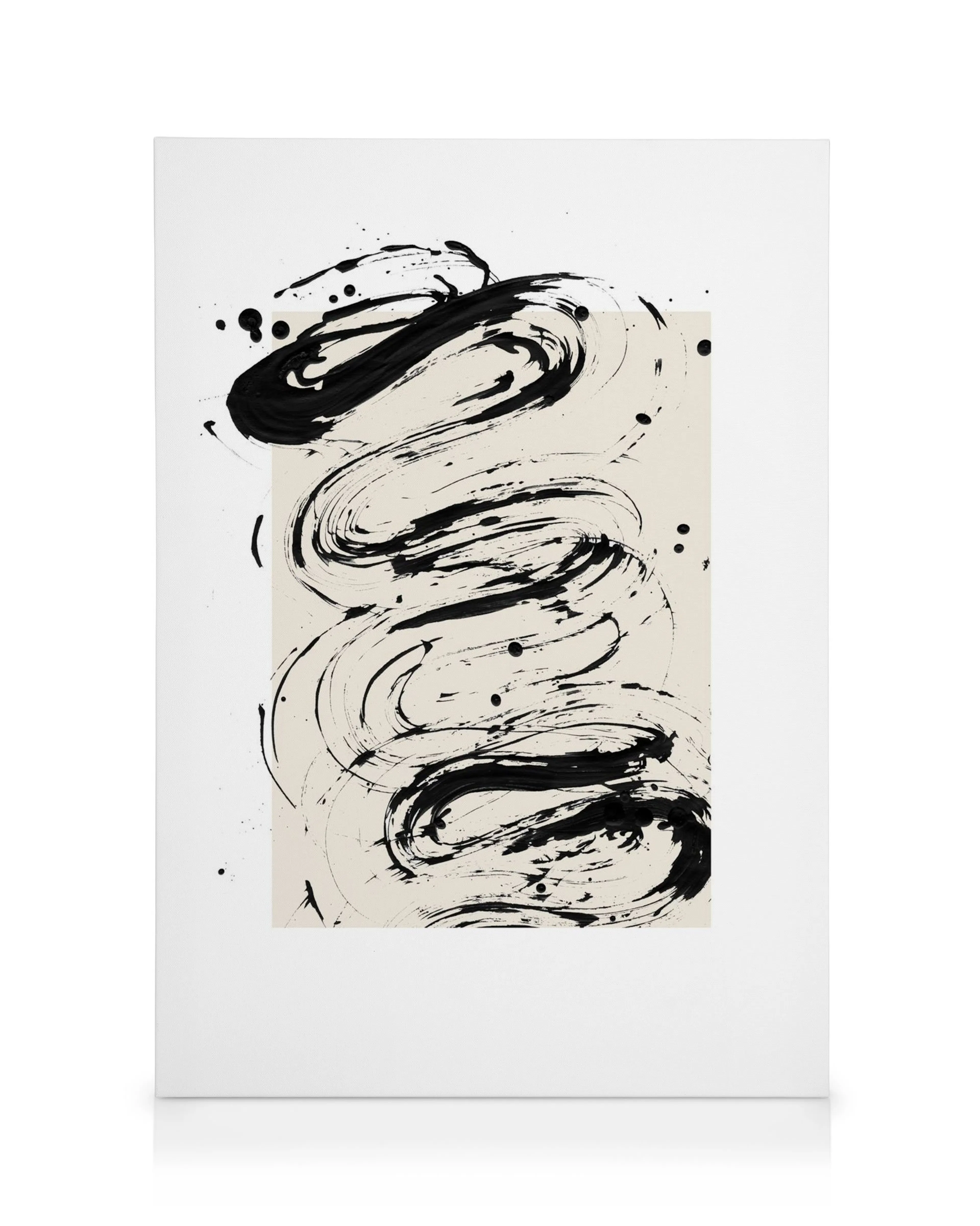 Toile abstraite avec des coups de pinceau noirs tourbillonnants sur un fond beige, art abstrait moderne