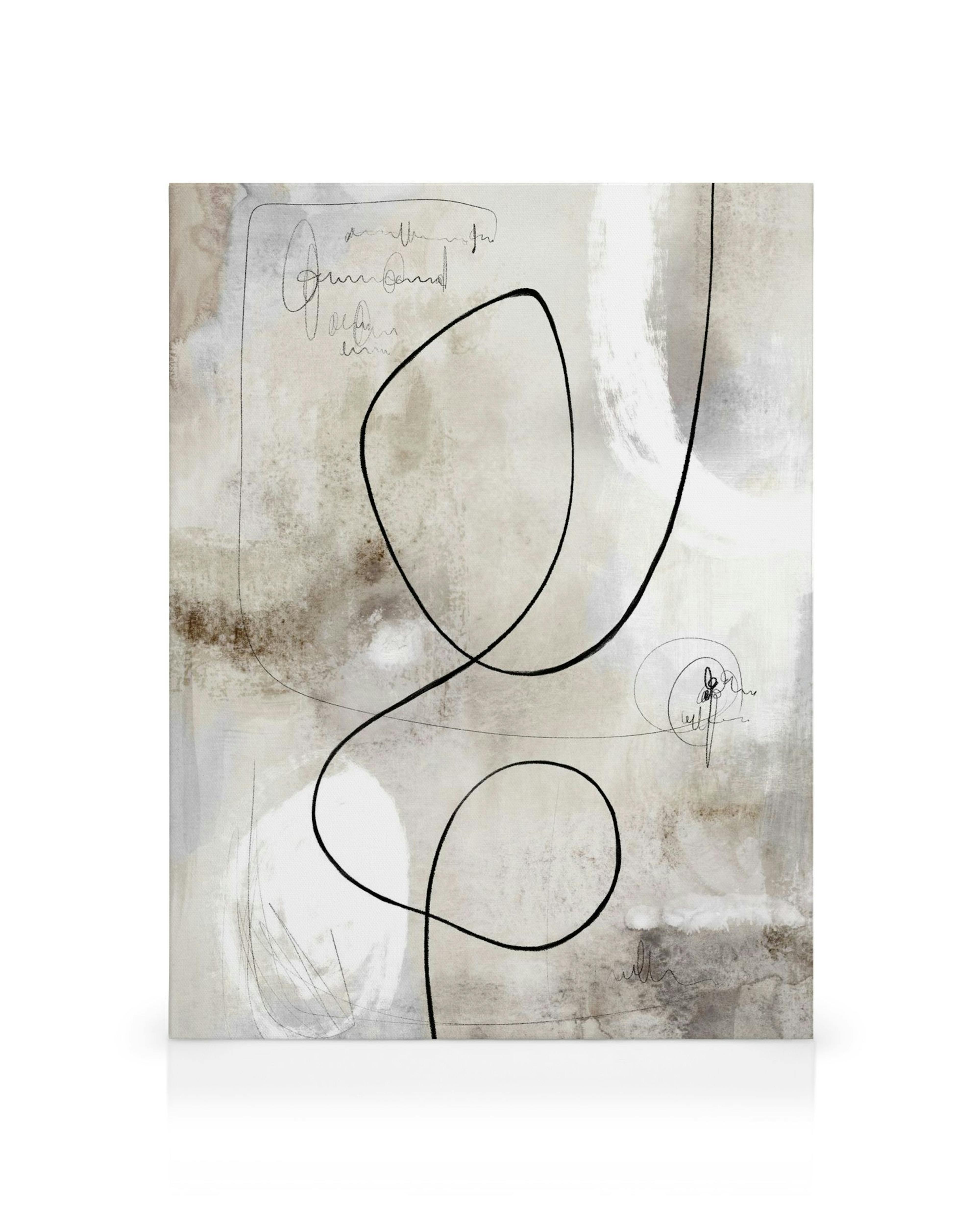 Toile abstraite avec des taches brunes et beiges, des stries et des lignes noires ondulées formant une figure sur un fond textur