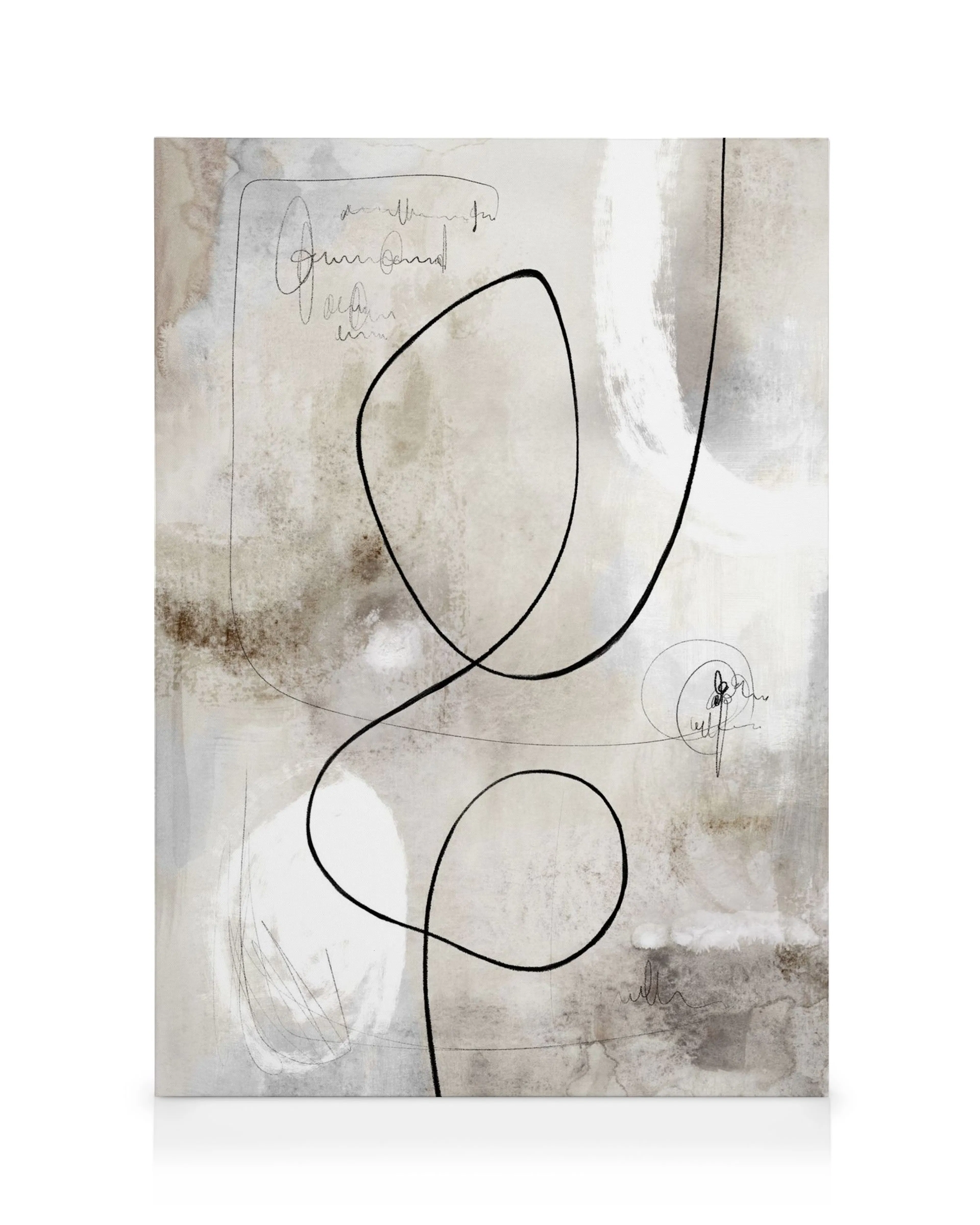Abstraktes Kunstleinwandbild mit schwarzer Linienführung auf beigem Hintergrund, Pinselstrichen und geschwungenen Formen, modern