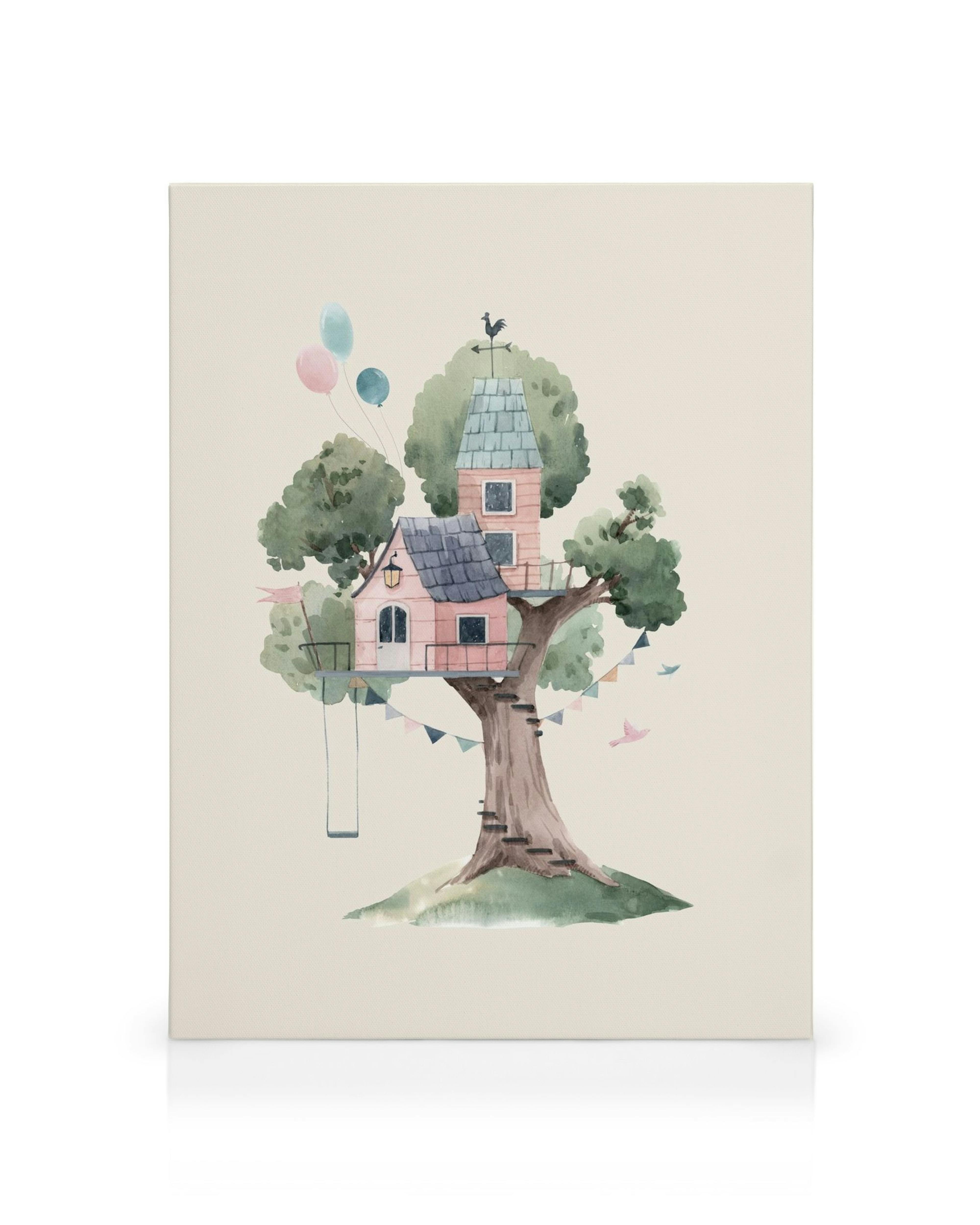 Aquarell Leinwandbild Baumhaus in Rosa mit Ballons und Schaukel, perfekt für Kinderzimmer und Babyzimmer.