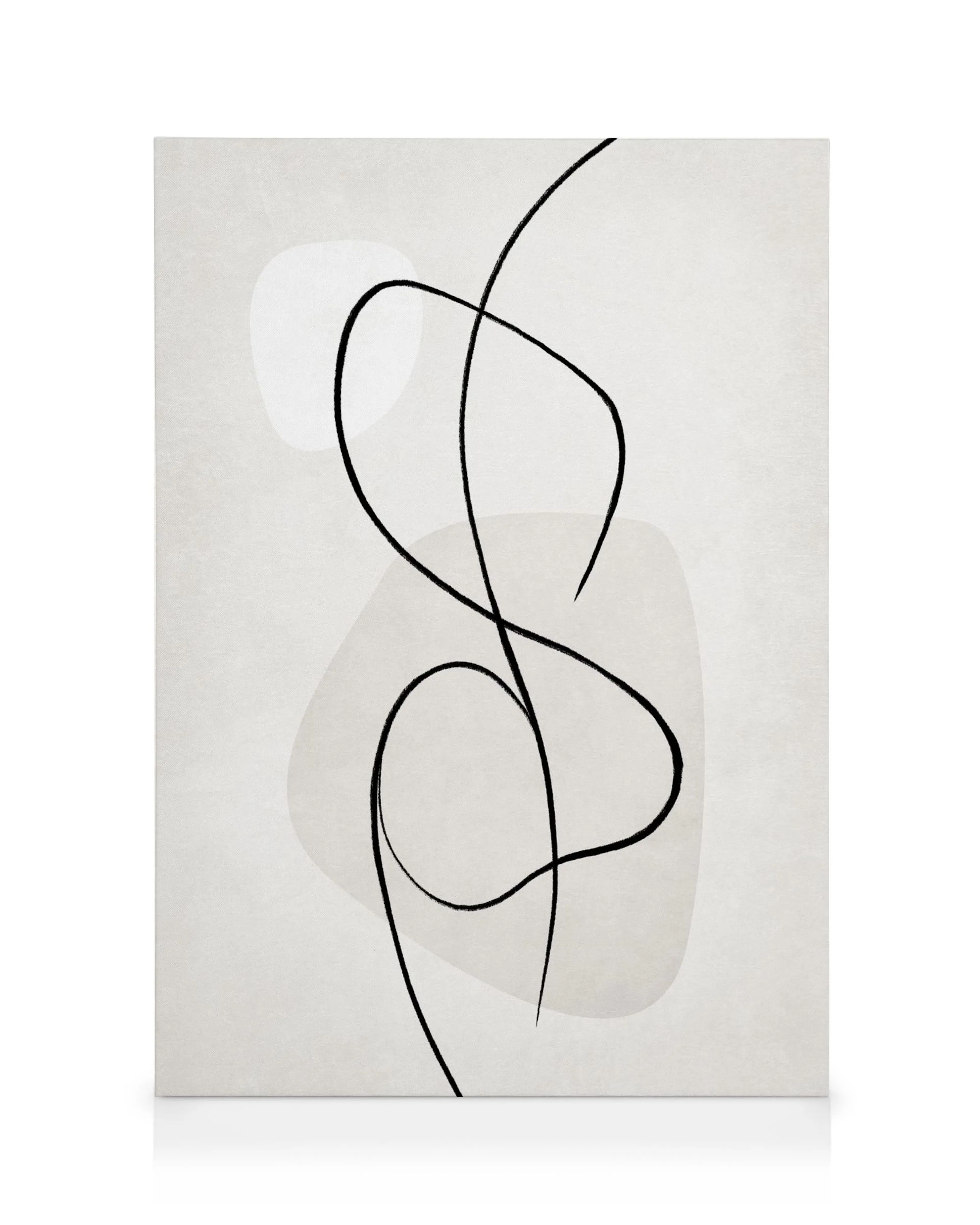 Čiernobiely abstraktný obraz na plátne s vlnitými čiarami a jemnými tvarmi na svetlom pozadí.