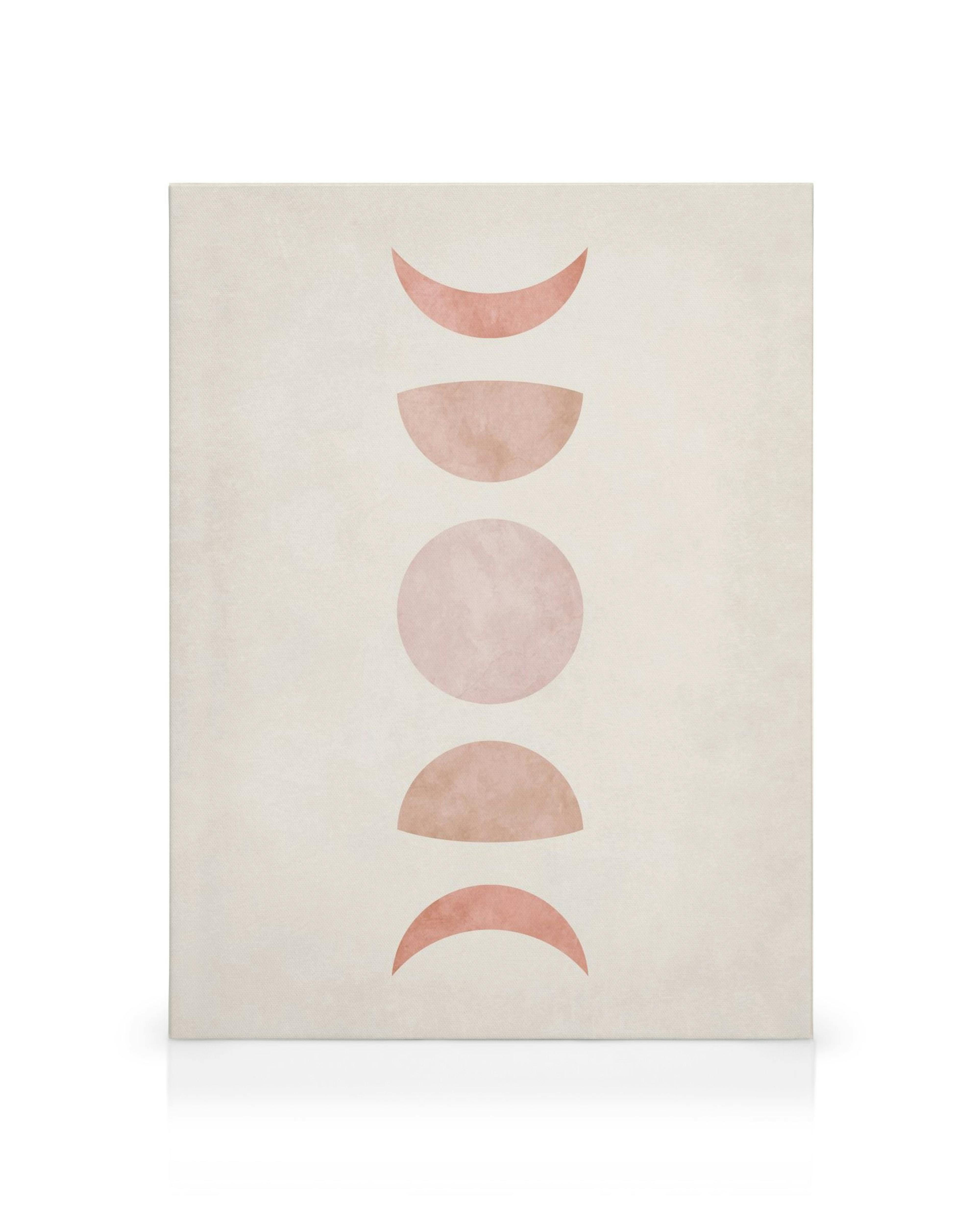 Pink Moon Phase Canvas print: minimalist artwork with pink and peach crescent shapes and a full circle on a light background.