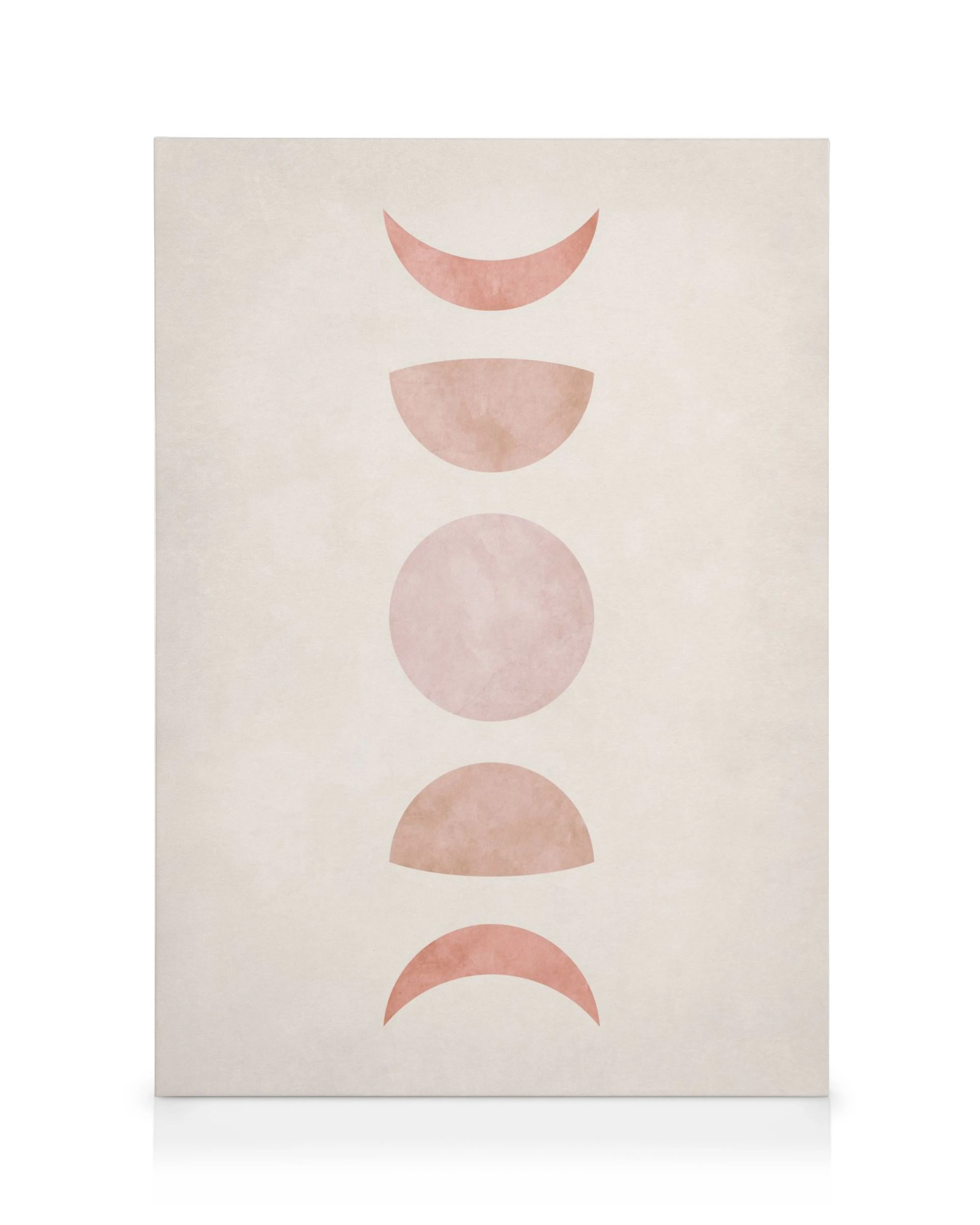 Toile avec cinq formes de lune roses alignées verticalement sur un fond beige, typographie moderne