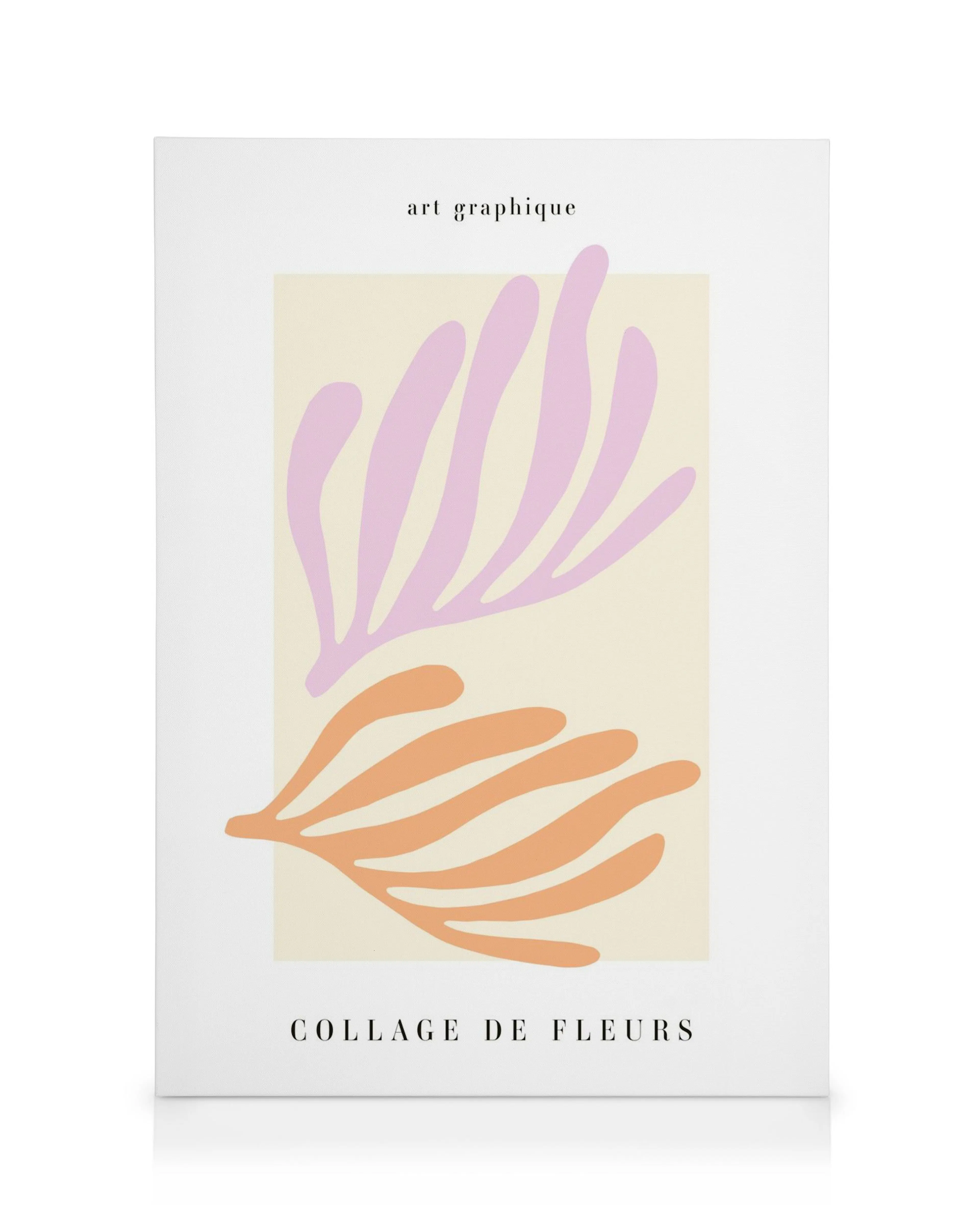 Leinwandbild mit abstrakten, blattartigen Formen in Lila und Orange auf hellem Hintergrund, Collage de Fleurs Schriftzug.