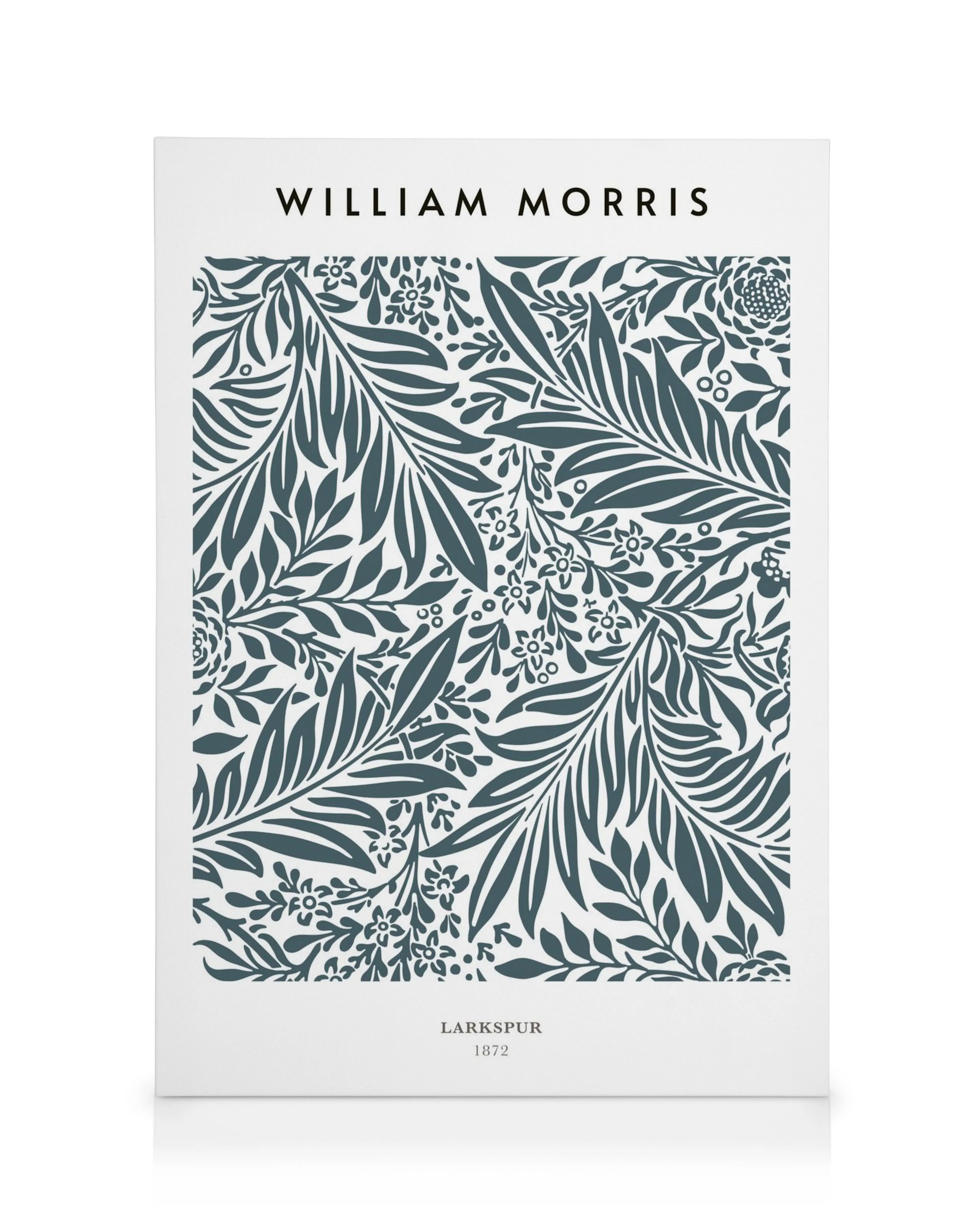 William Morris Larkspur canvas print, symmetrical pattern of dark blue leaves and flowers on a light blue background.