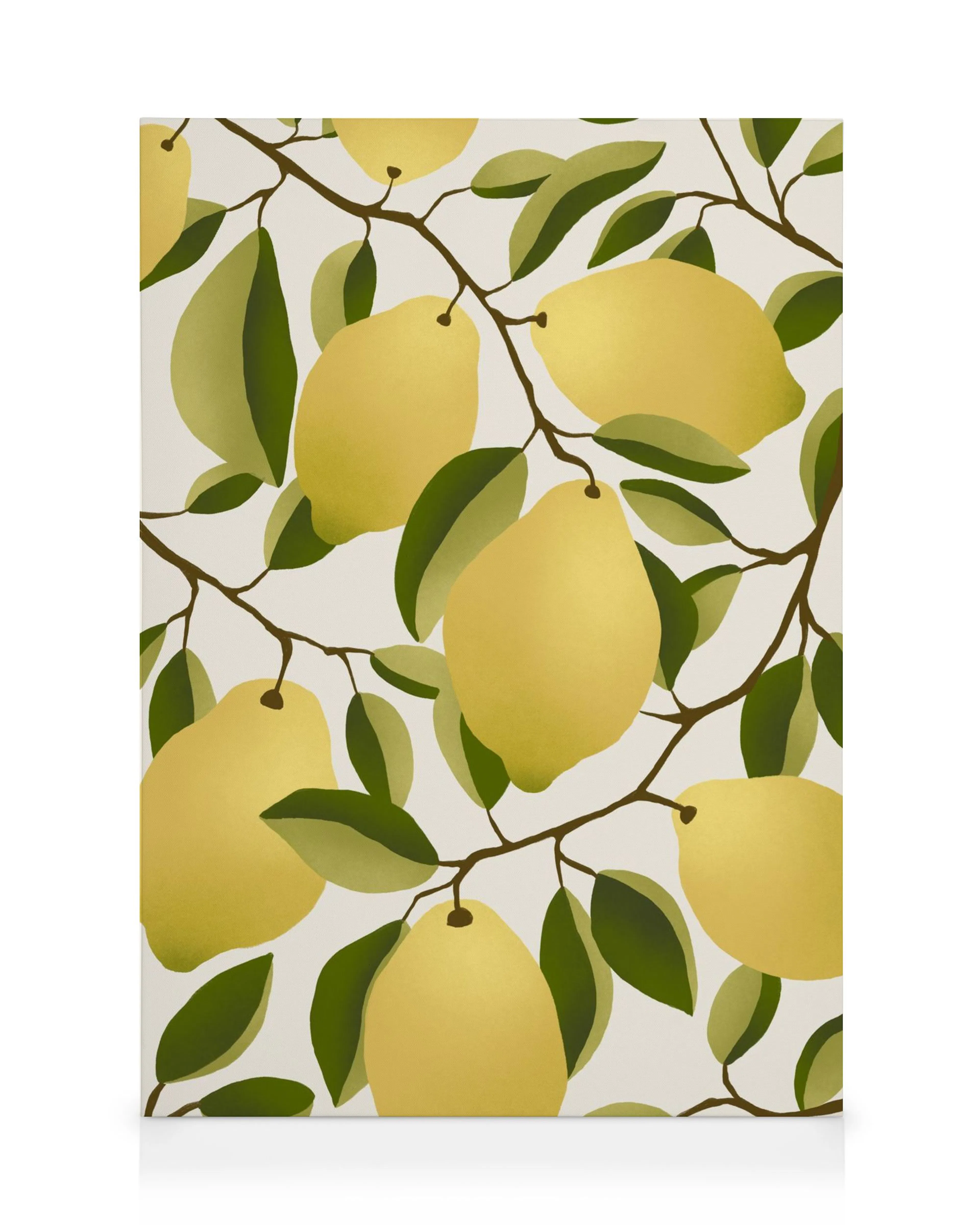 Lemon tree branches with yellow lemons and green leaves on an off-white background, a botanical canvas print.