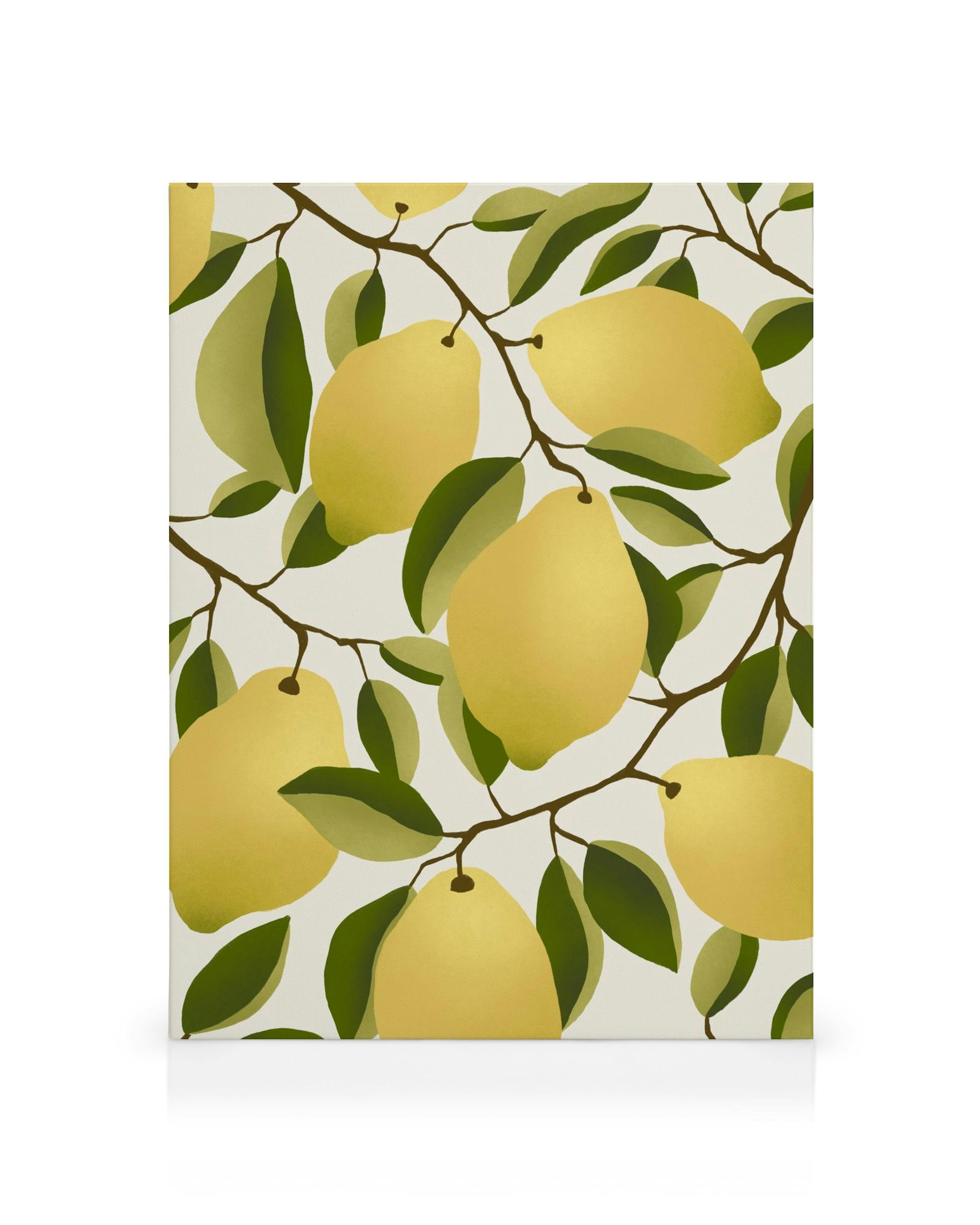 Stylized lemon tree branches with yellow lemons and green leaves on a light background, fruit botanical art.