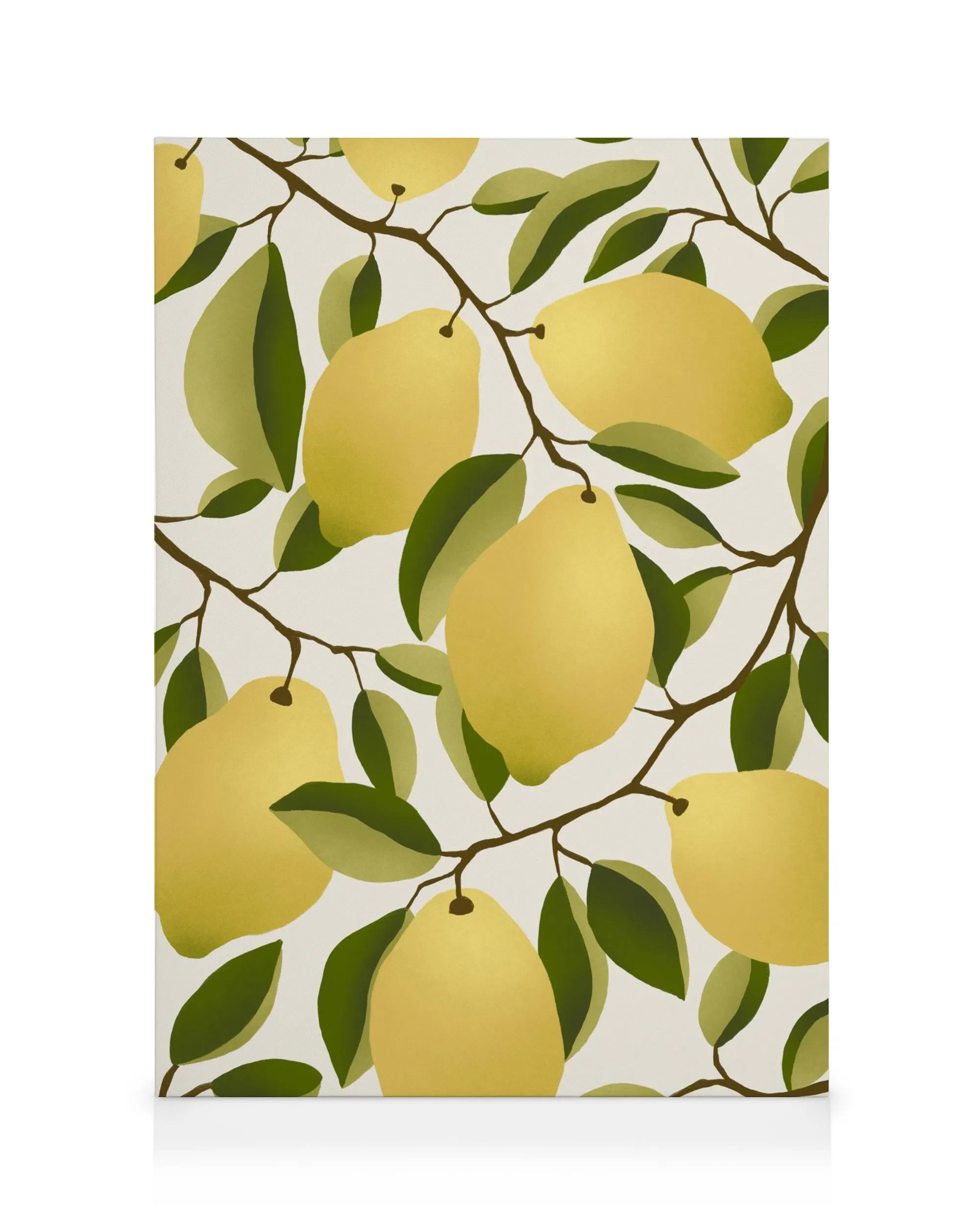 Yellow lemons with green leaves on branches against a white background, a vibrant canvas print.