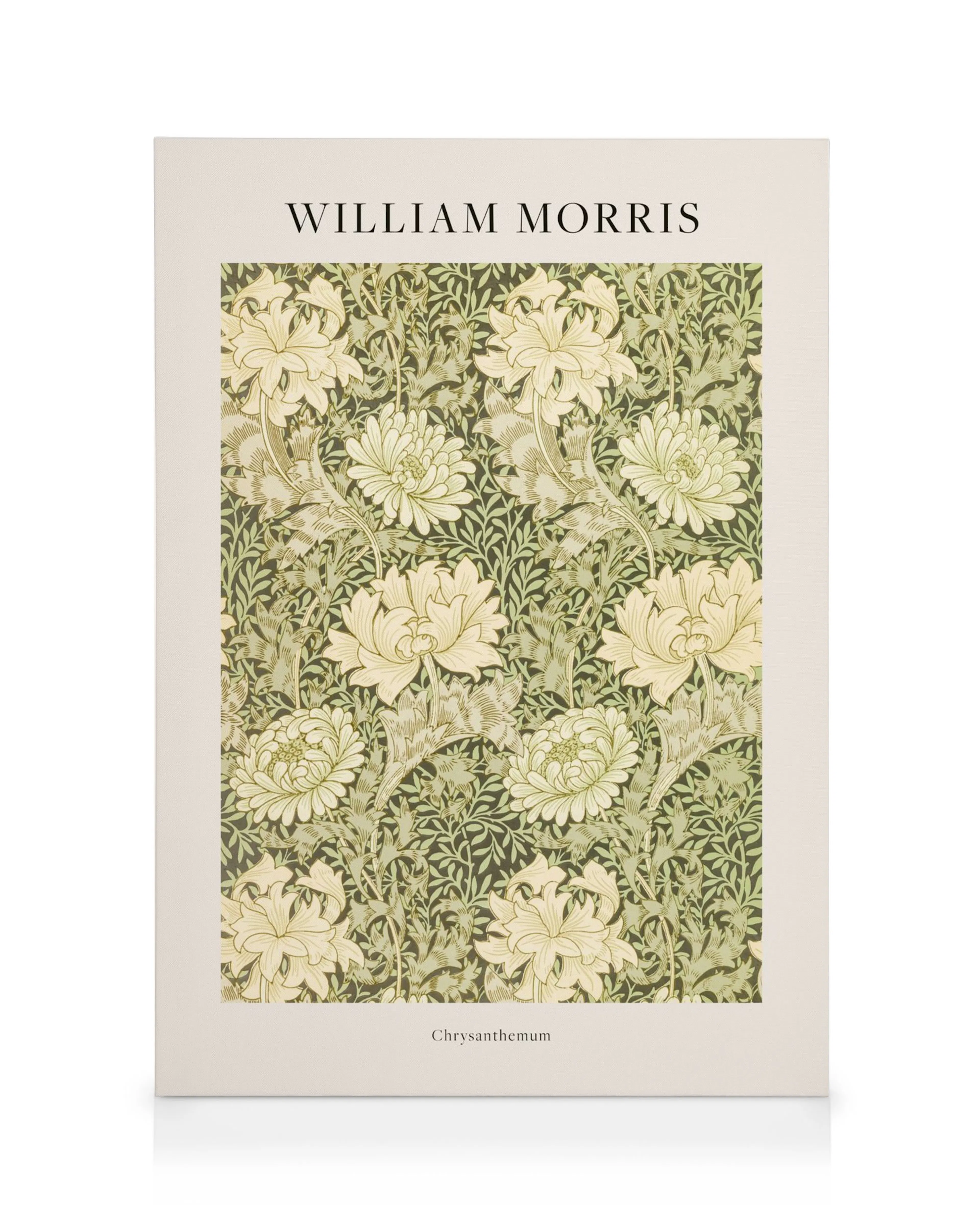 Καμβάς William Morris Chrysanthemum, floral σχέδιο με κρεμ λουλούδια και πράσινα φύλλα σε σκούρο φόντο.