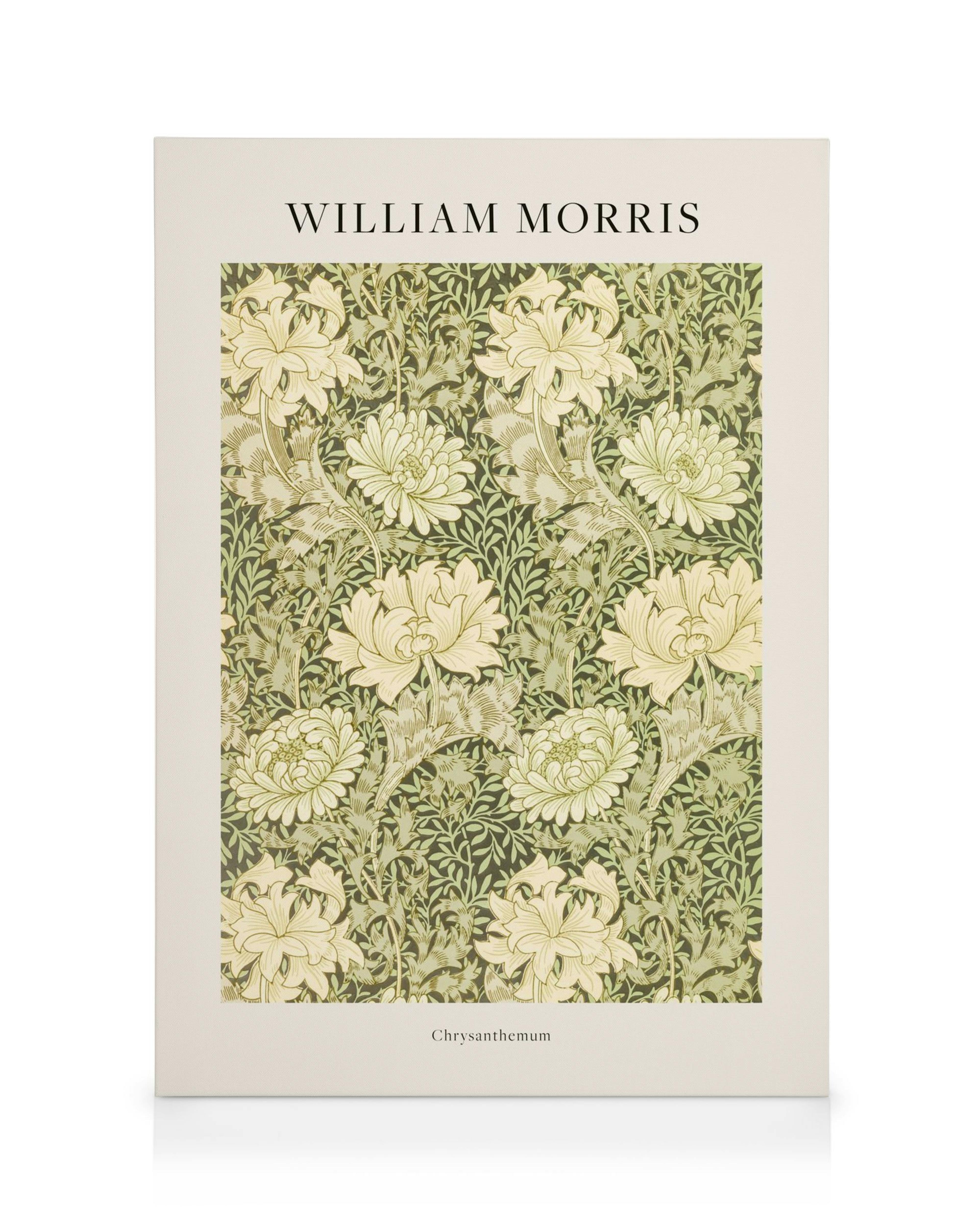 William Morris Chrysanthemum canvas print, intricate cream flowers & green leaves on dark background.