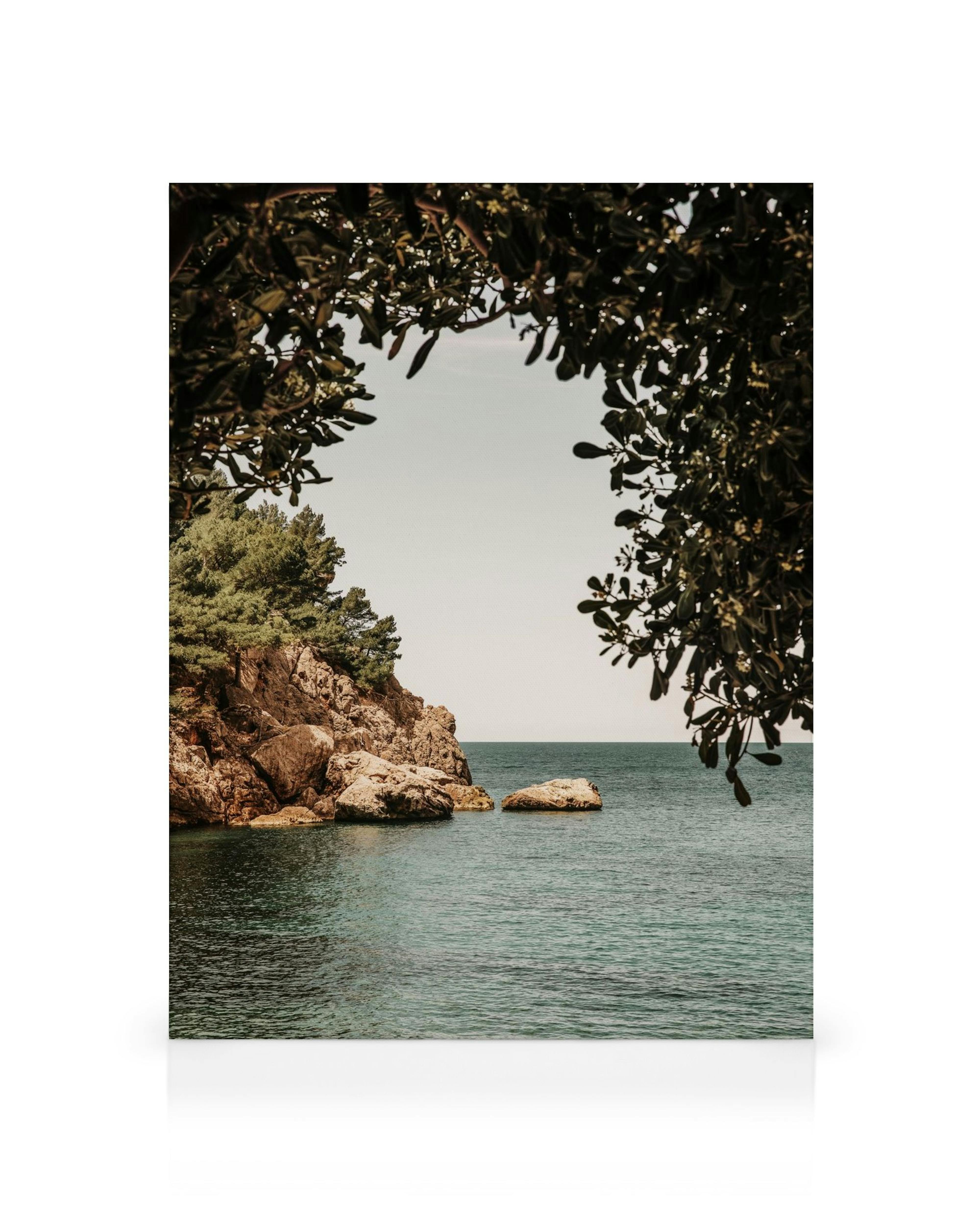 Lienzo de mar tranquilo con rocas y árboles, enmarcado por hojas. Vista de acantilado rocoso con pinos y agua azul-verde.