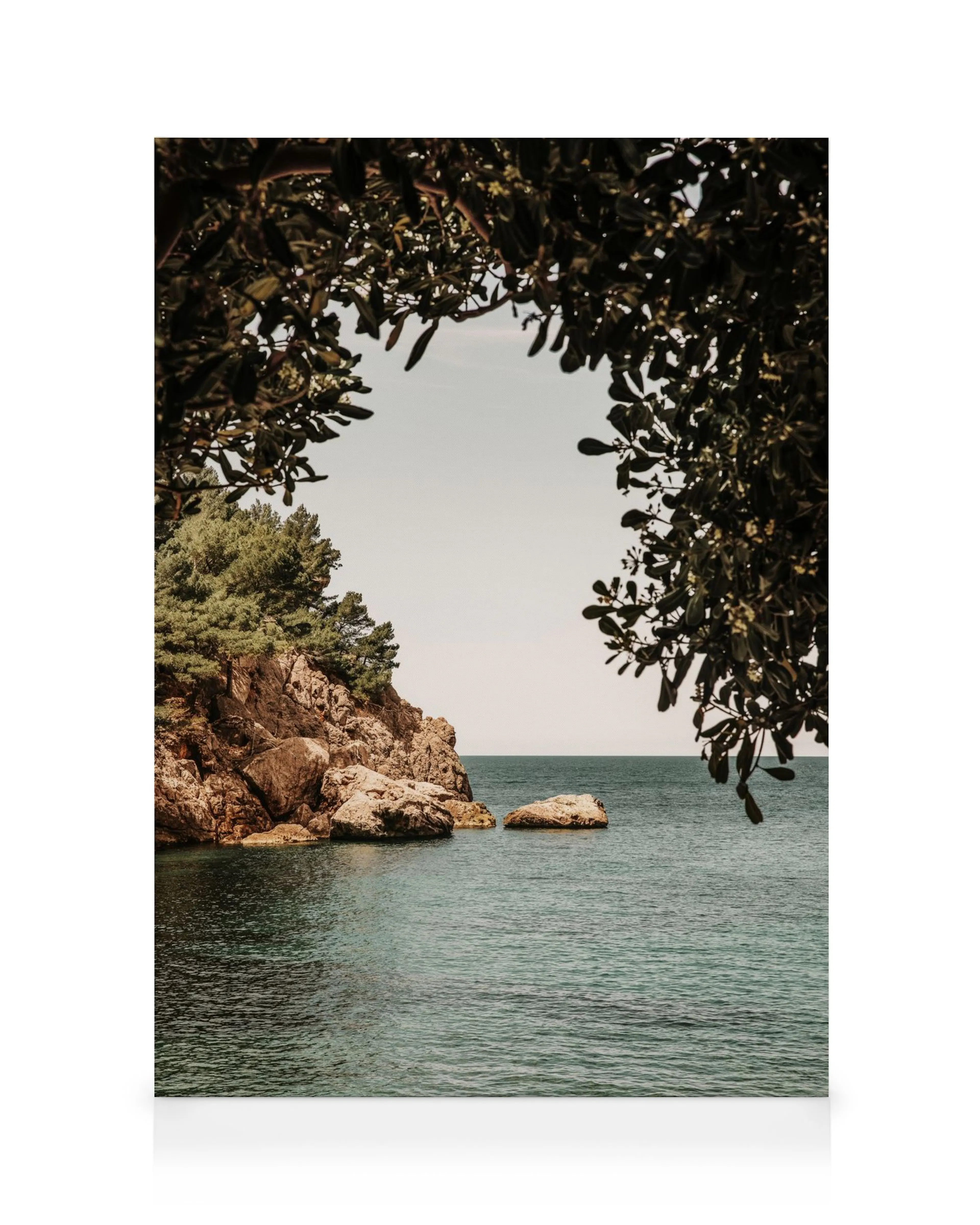 Toile dune mer calme, rochers, arbres et feuillage. Couleurs bleu-vert et marron.