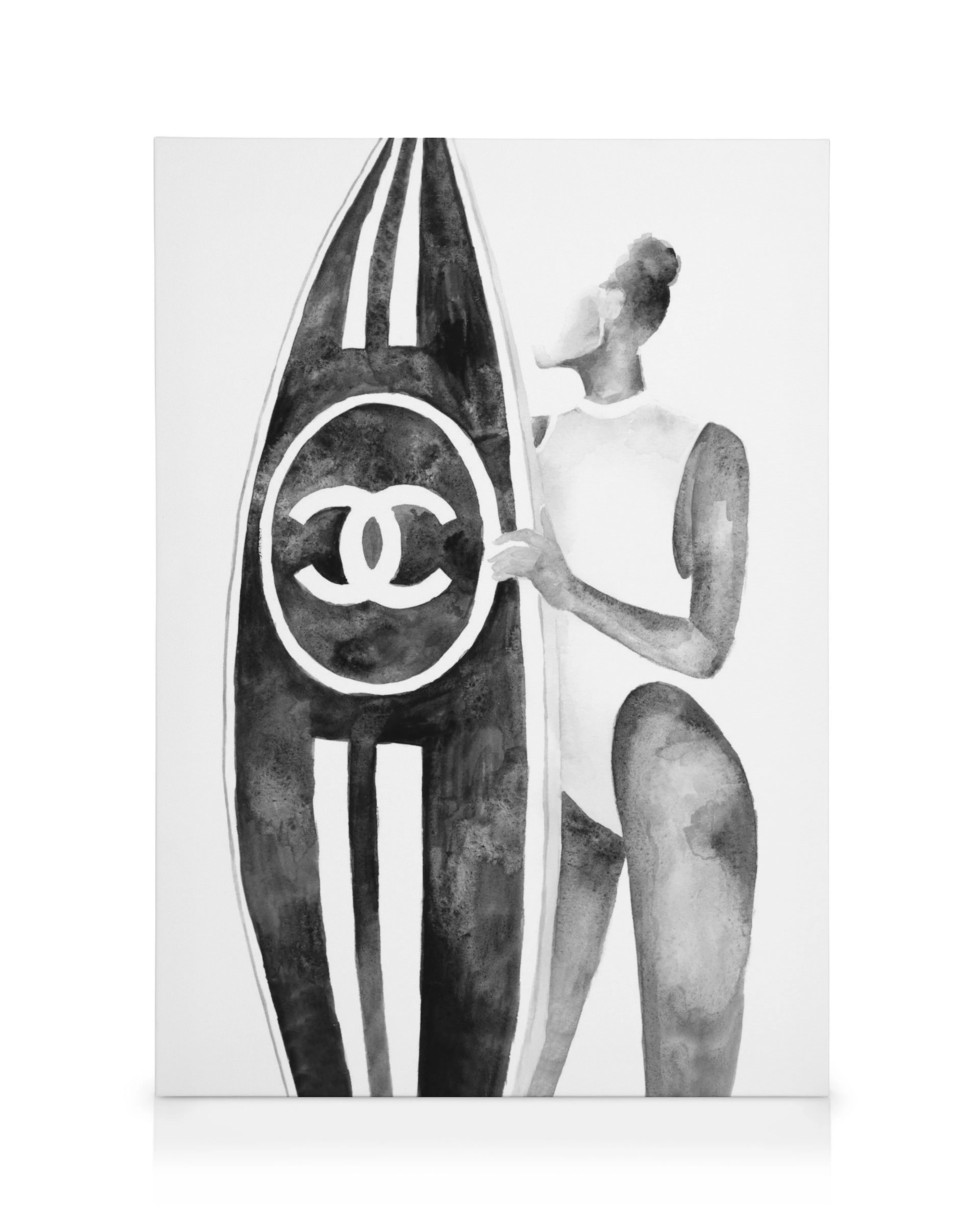 Tela de surfista em aquarela, preto e branco, com prancha de surf preta e logotipo de moda, estilo chique.