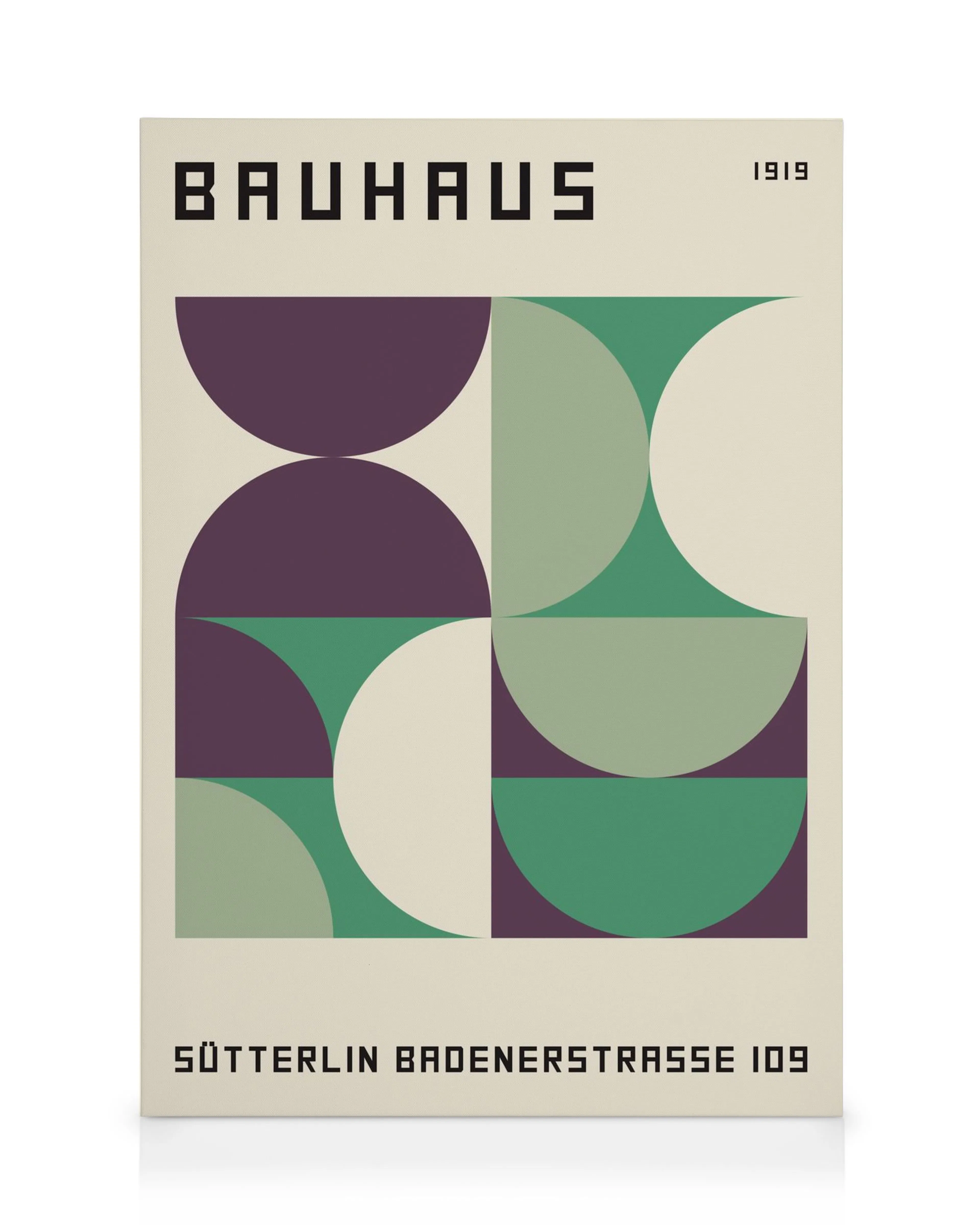 Bauhaus Sutterlin canvas print with abstract geometric design in green, purple, and cream colors.
