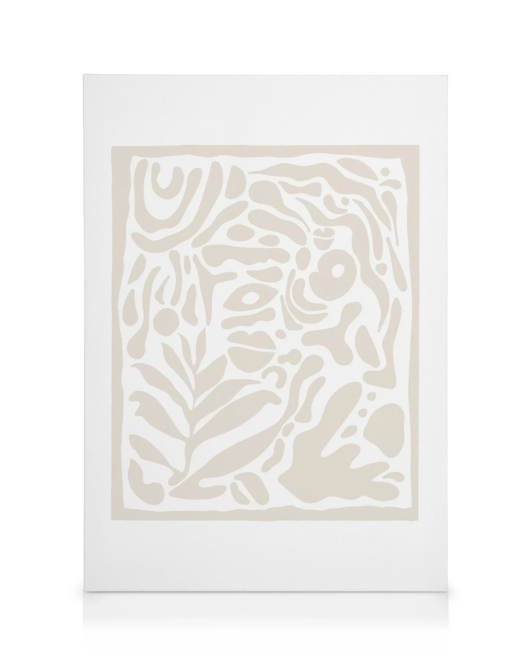 Leinwandbild mit abstrakten Formen und organischen Mustern in Beige auf weißem Hintergrund, minimalistisches Design.