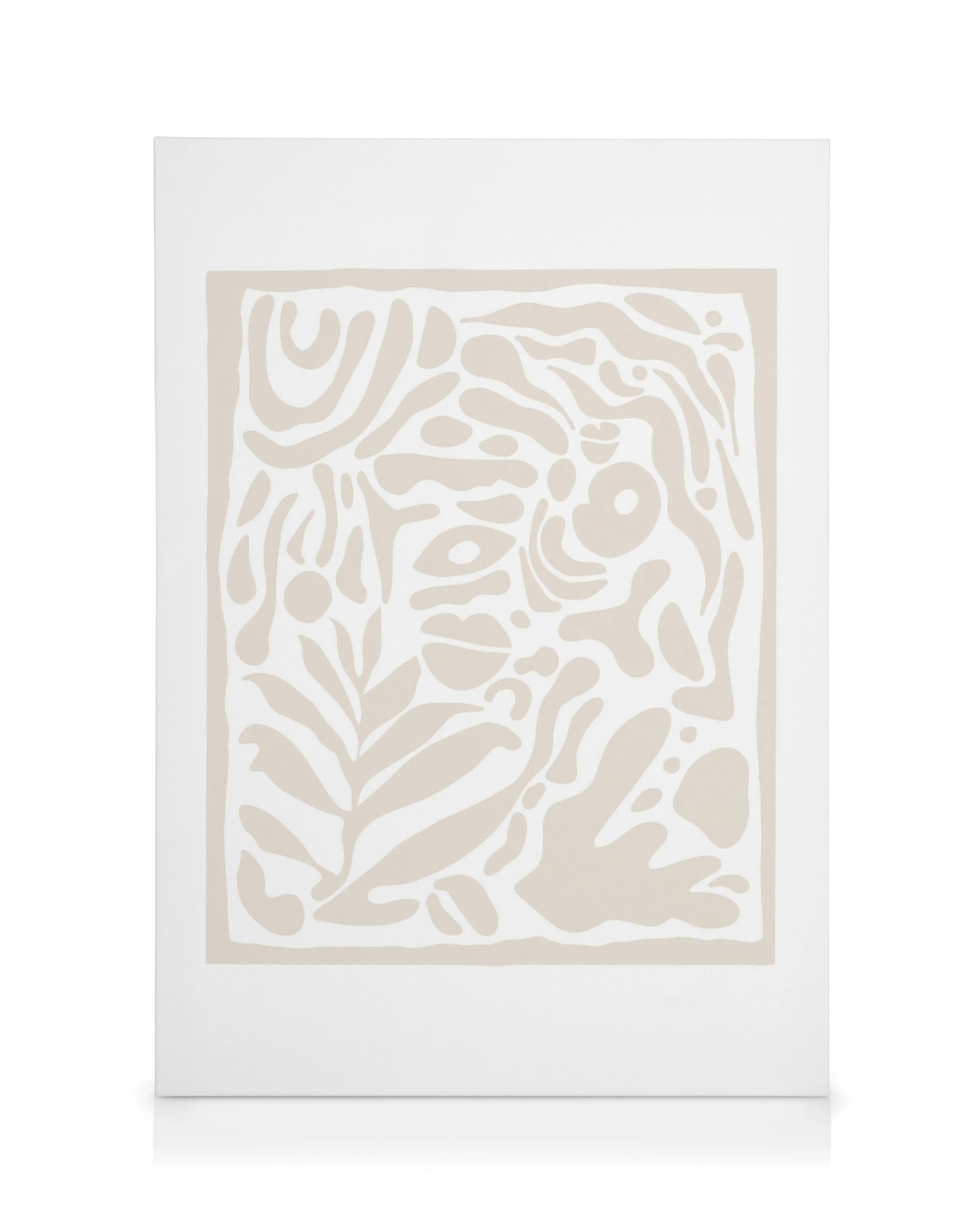 Leinwandbild mit abstrakten Formen und organischen Mustern in Beige auf weißem Hintergrund, minimalistisches Design.