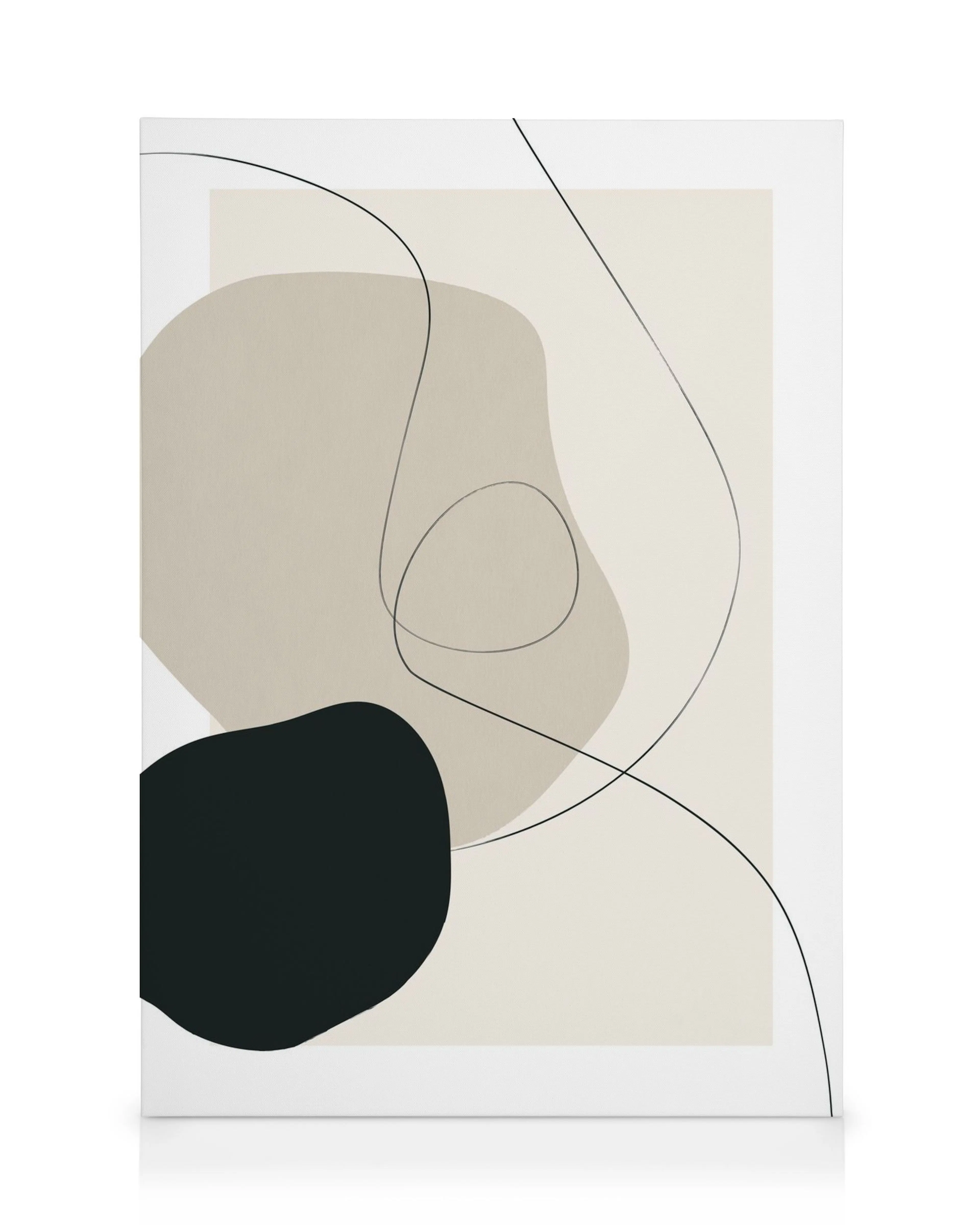 Toile abstraite bohème avec formes beiges et noires, et fines lignes noires sur fond blanc