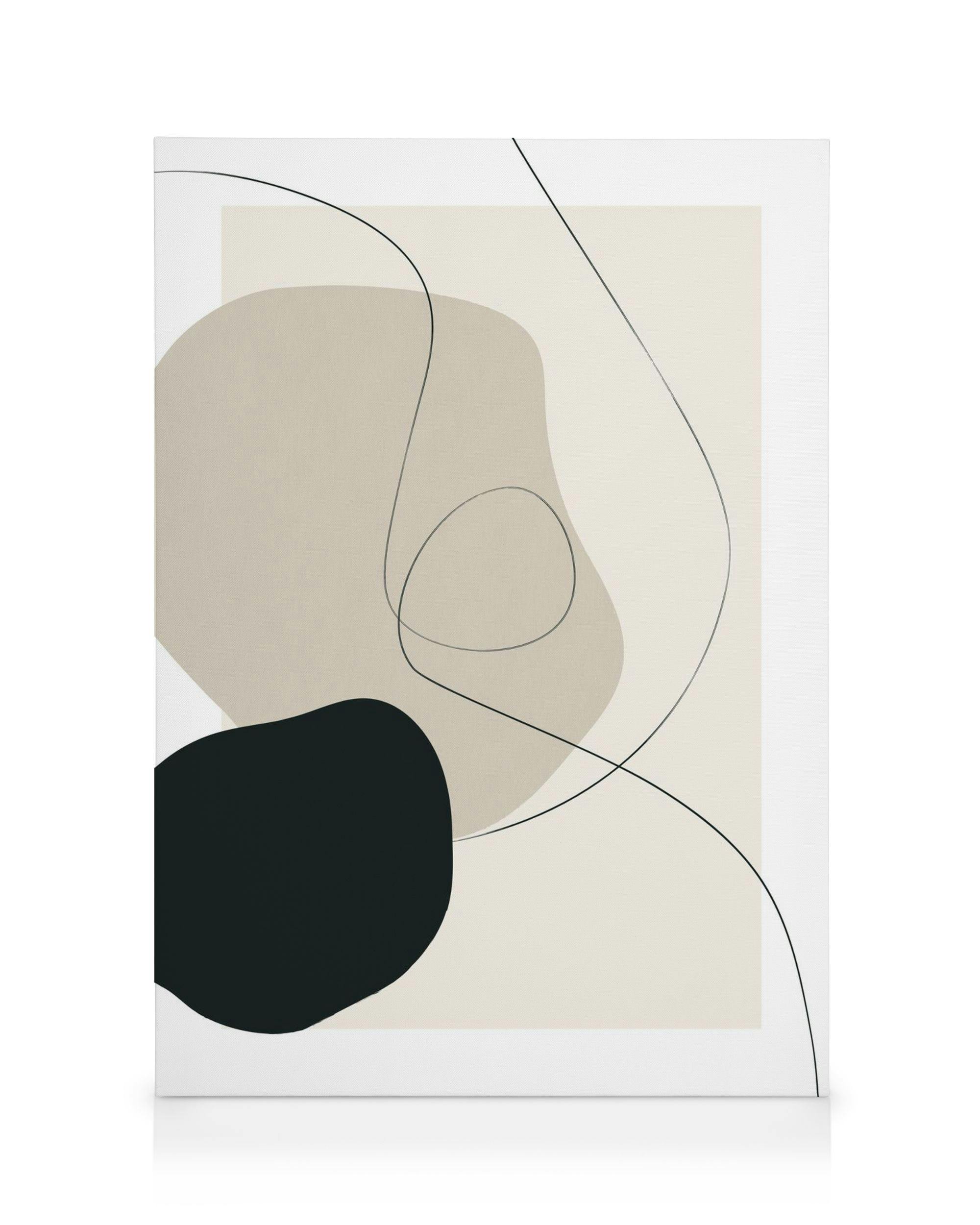 Bohémsky obraz na plátne s organickými tvarmi v čiernej a béžovej farbe s tenkými čiernymi čiarami.