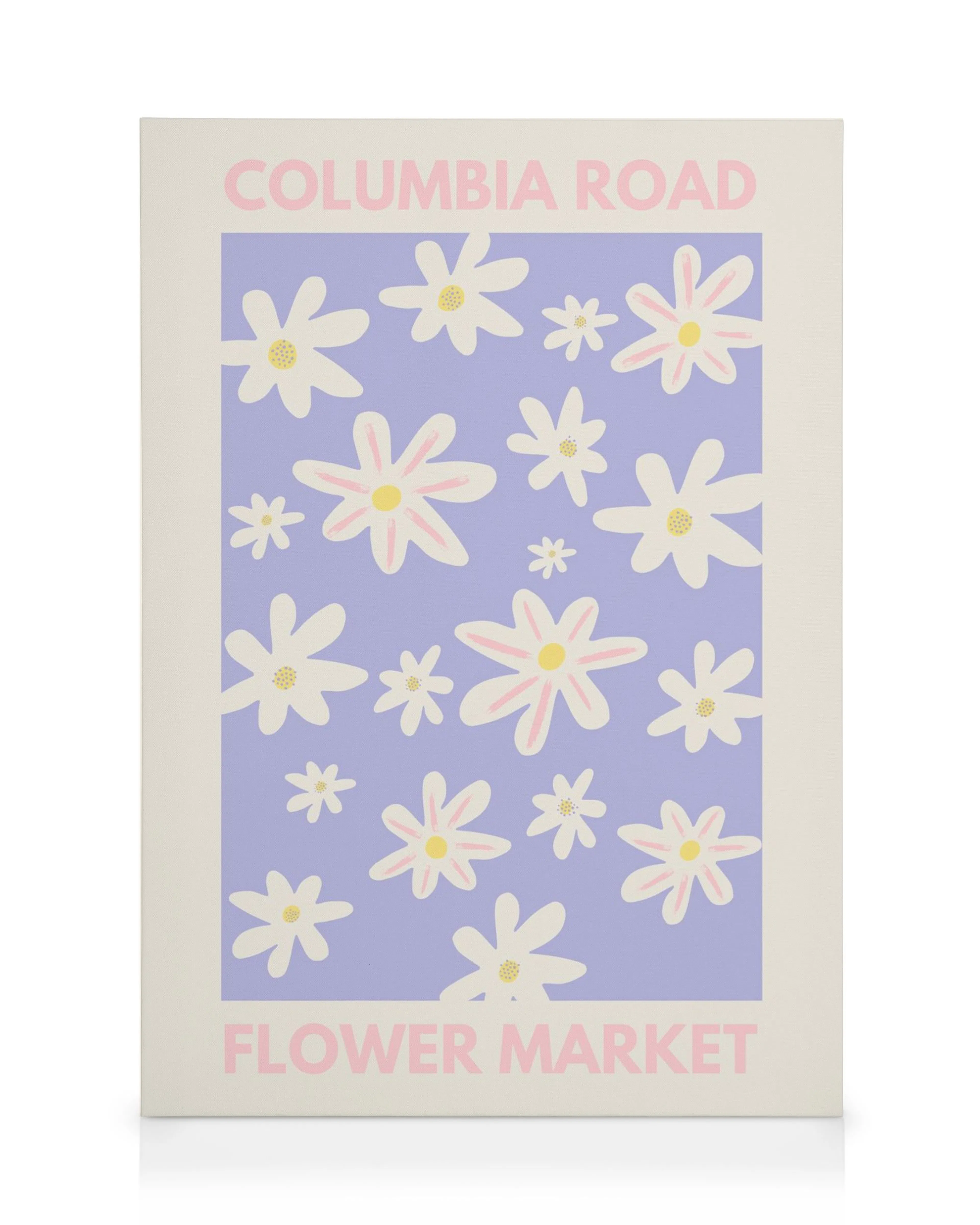 Columbia Road Flower Market canvas print with white and pink daisies on purple, bold text.