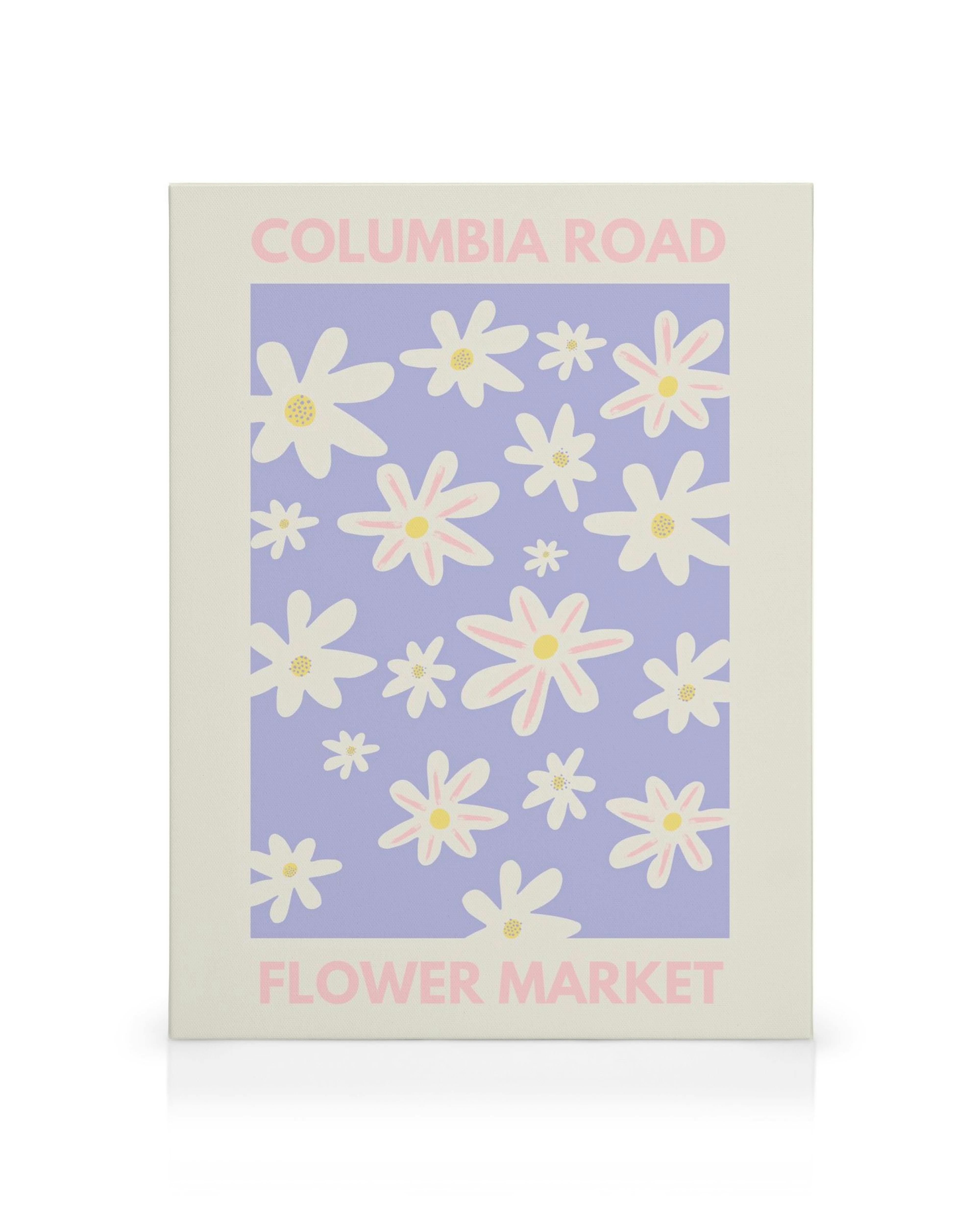 Columbia Road Flower Market canvas print with white and pink daisies on purple, bold text.