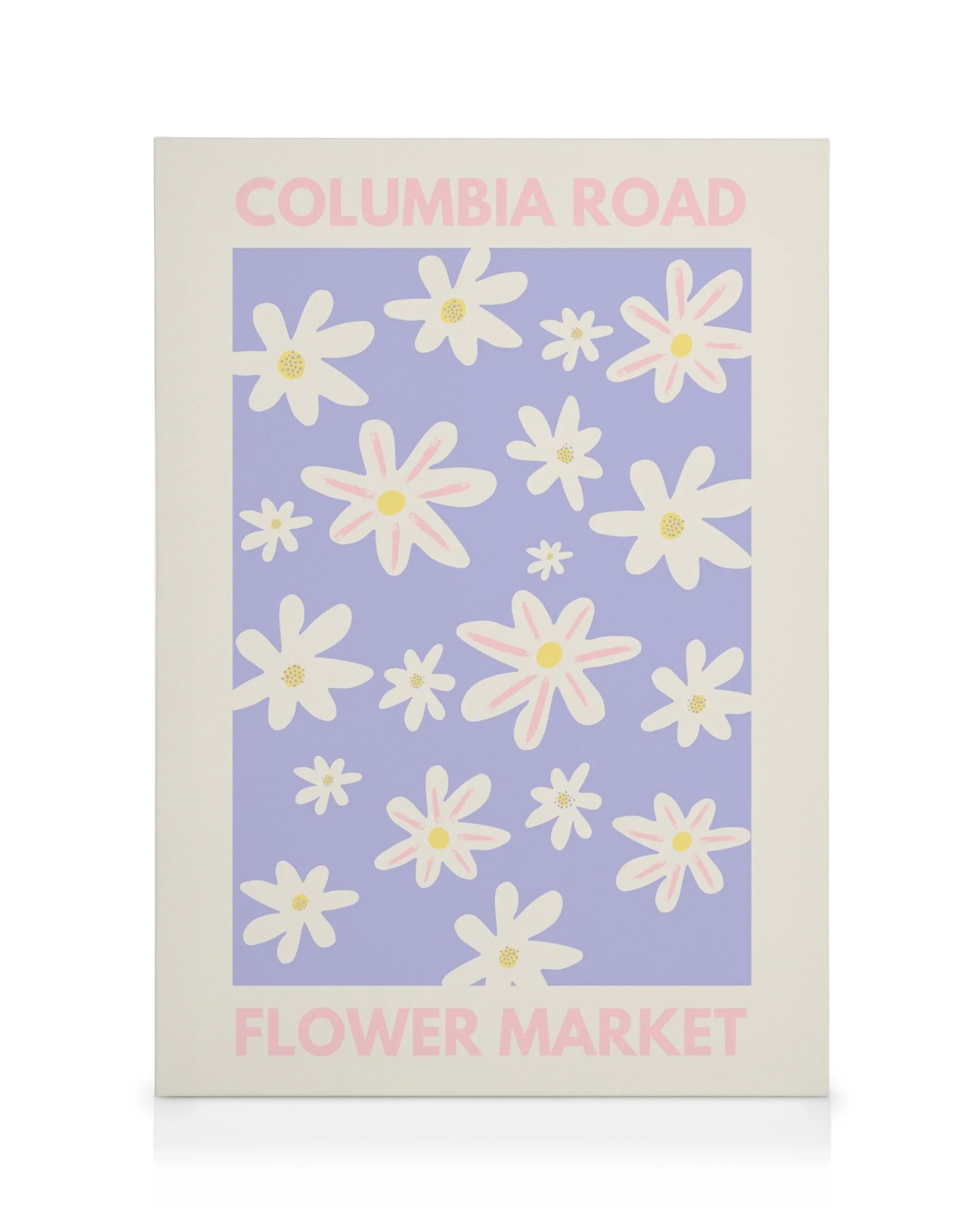 Plátno s fialovým pozadím a bílými květy se žlutými středy, nápis Columbia Road Flower Market