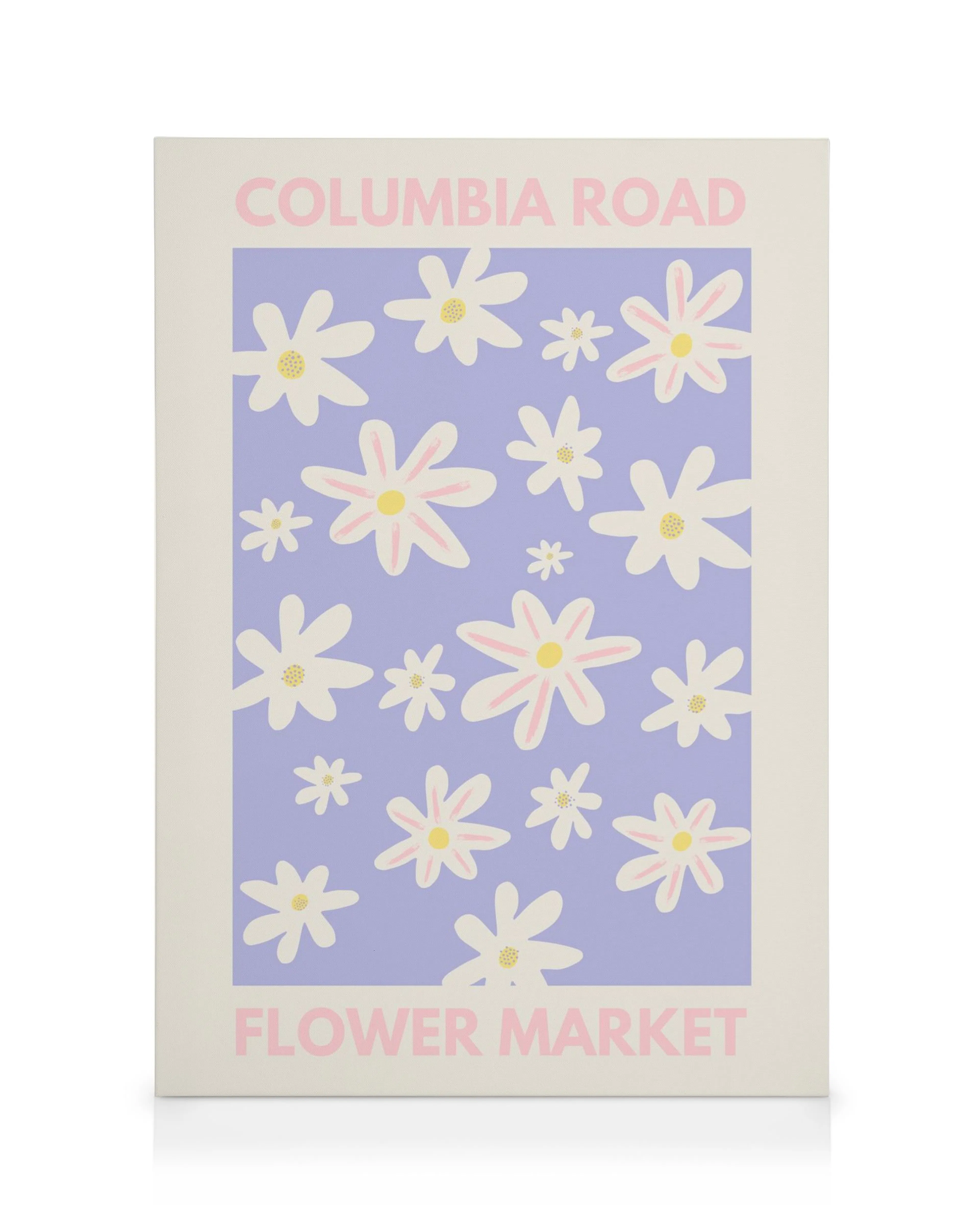 Plátno s fialovým pozadím a bílými květy se žlutými středy, nápis Columbia Road Flower Market