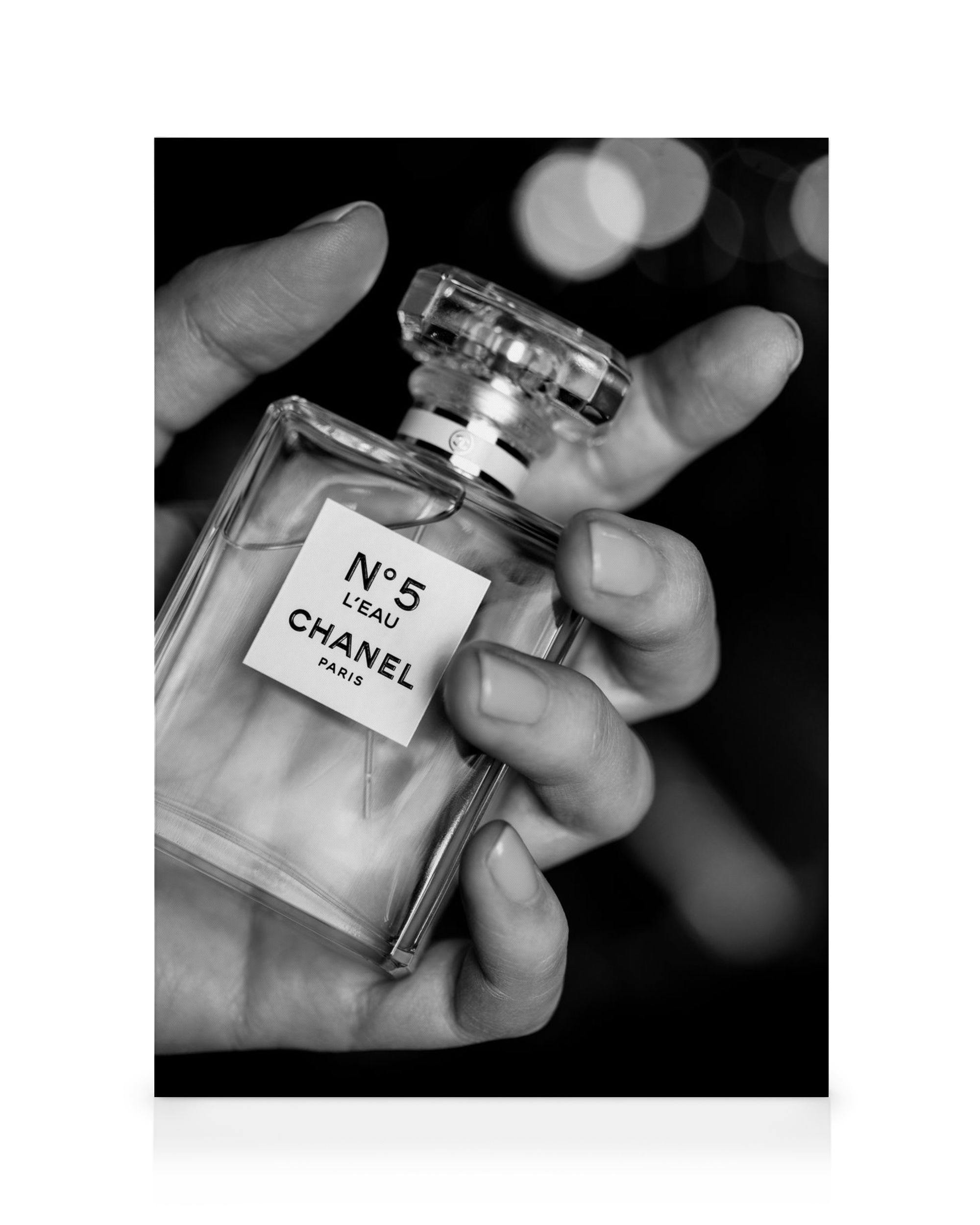 Mão feminina segura frasco de perfume Chanel N°5 Leau, tela decorativa a preto e branco, moda elegante.