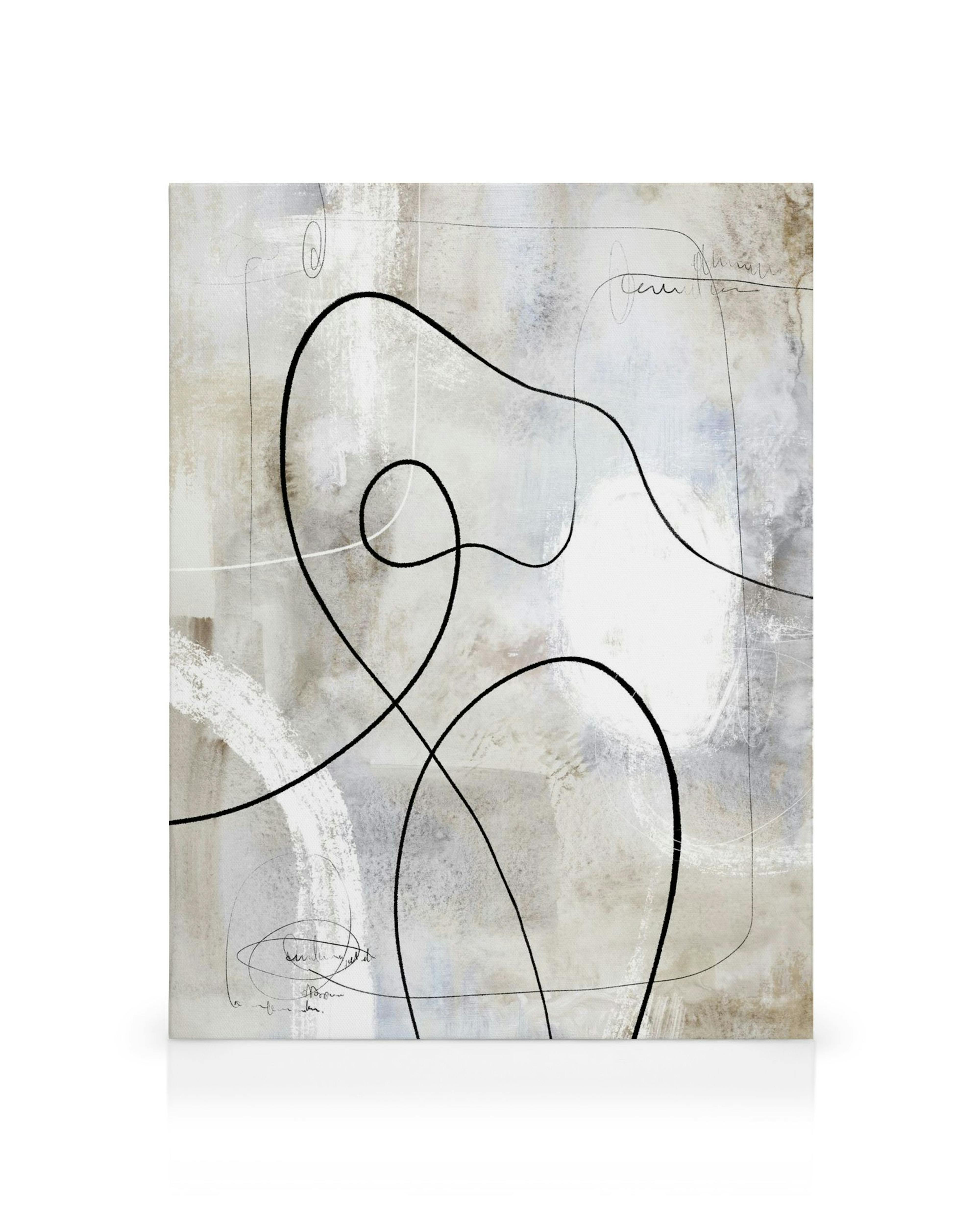 Toile abstraite avec des lignes noires incurvées sur fond blanc, gris et bleu clair. Art abstrait moderne.