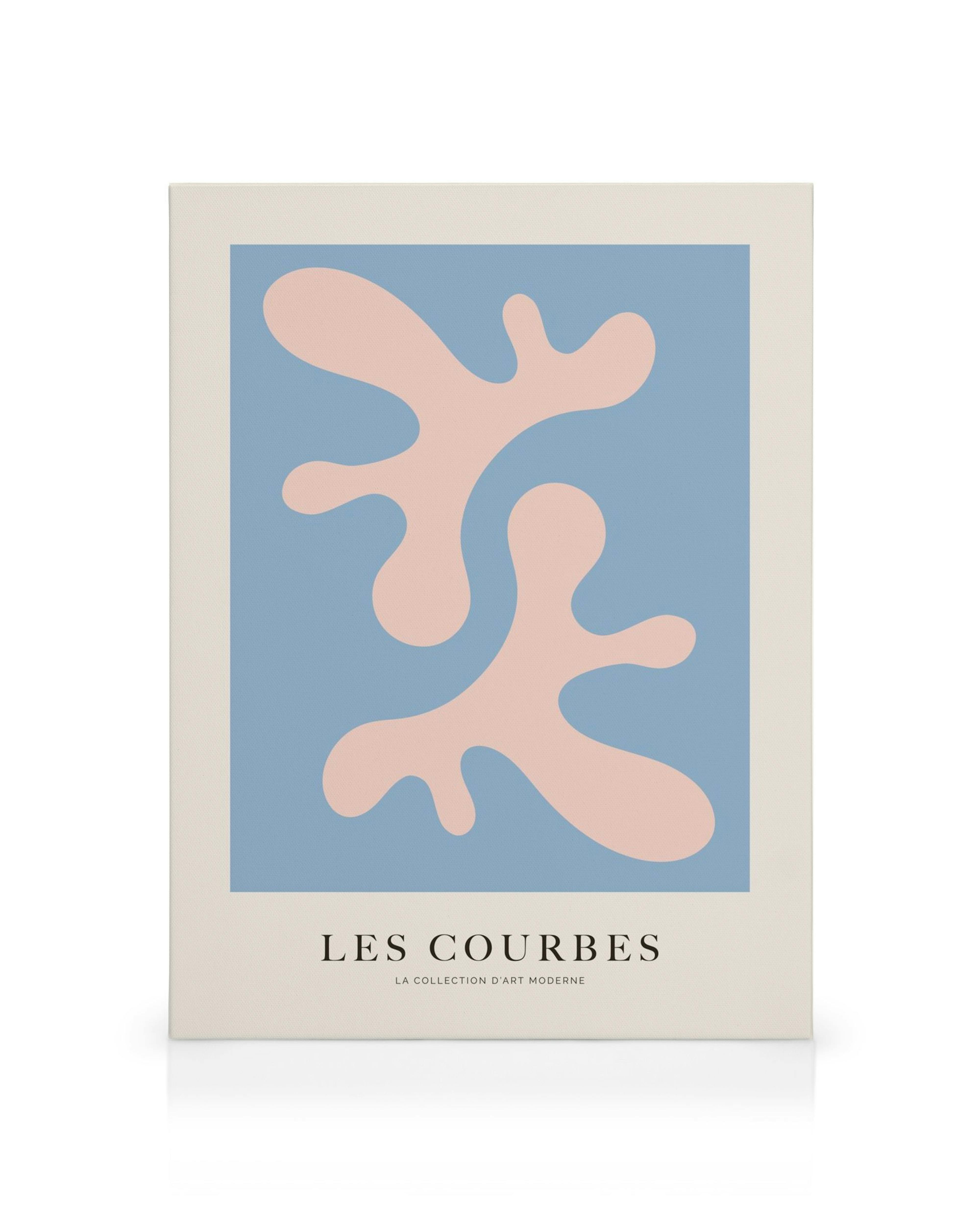 Stampa su tela con forme astratte rosa pallido su sfondo azzurro, arte moderna minimalista.