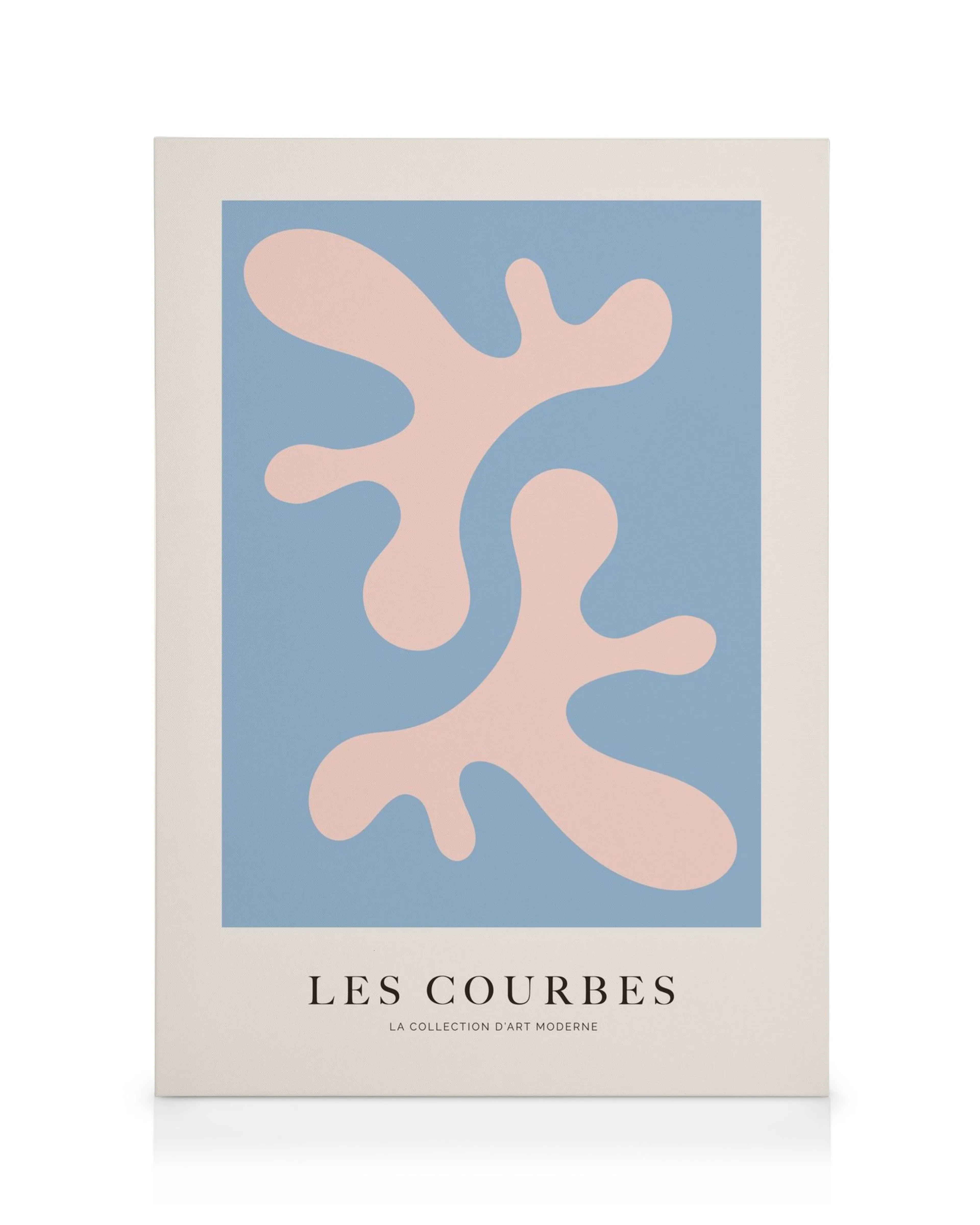 Les Courbes blå canvastavla med en rosa böjd form, texten Les Courbes under, för modern inredning.