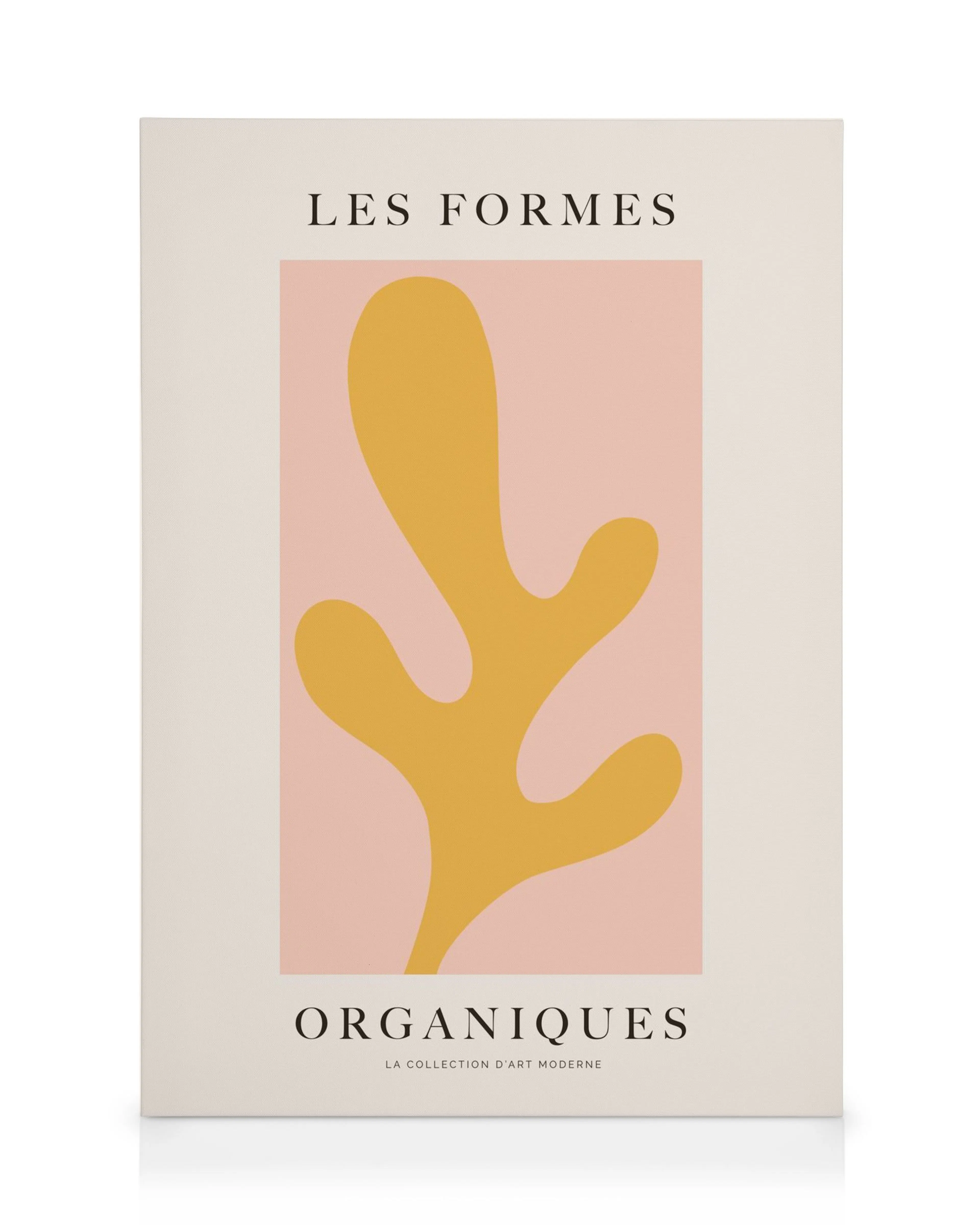 Toile abstraite moderne avec forme organique jaune sur fond rose clair, textes noirs Les Formes Organiques.