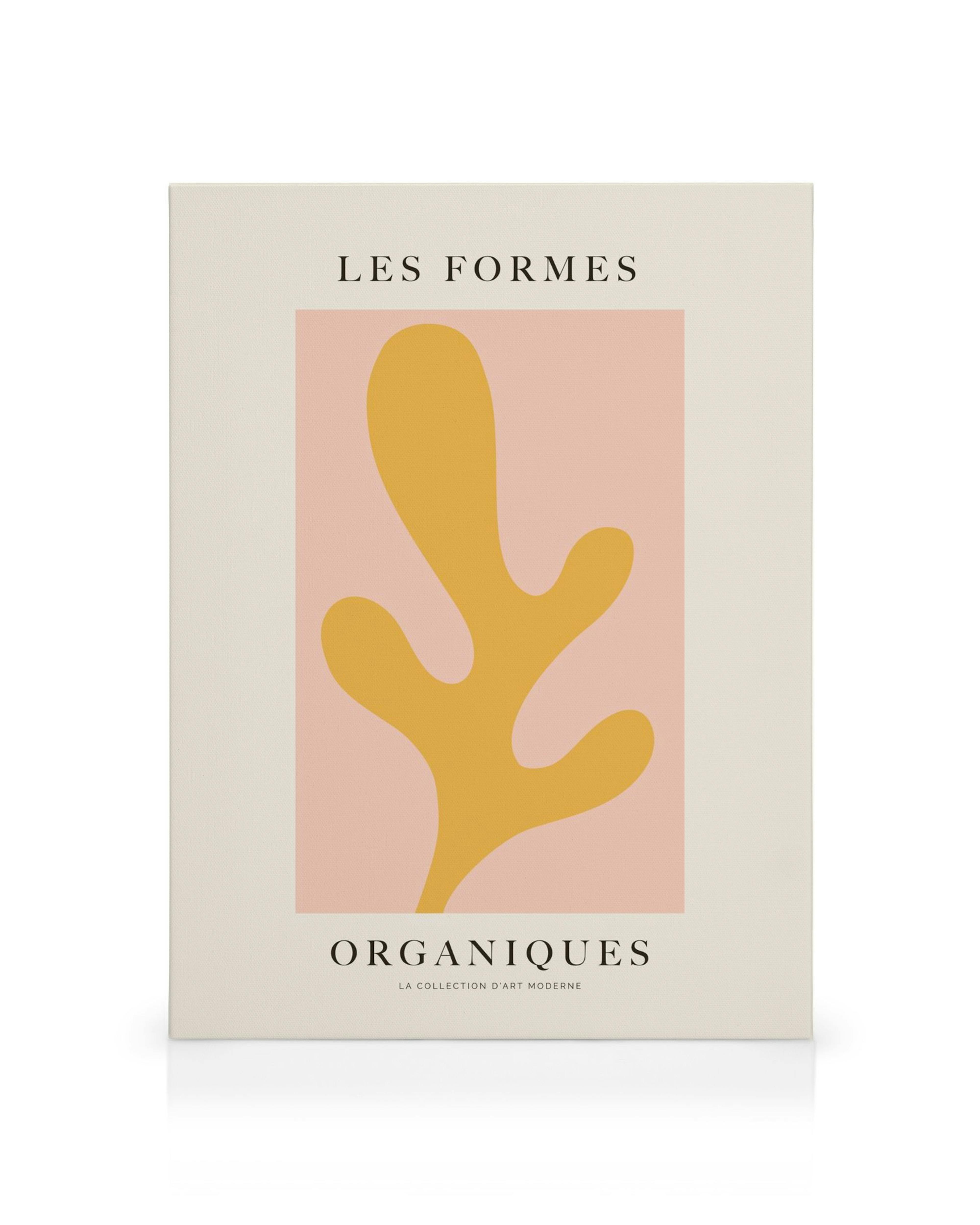 Toile abstraite rose avec forme organique jaune et typographie en noir