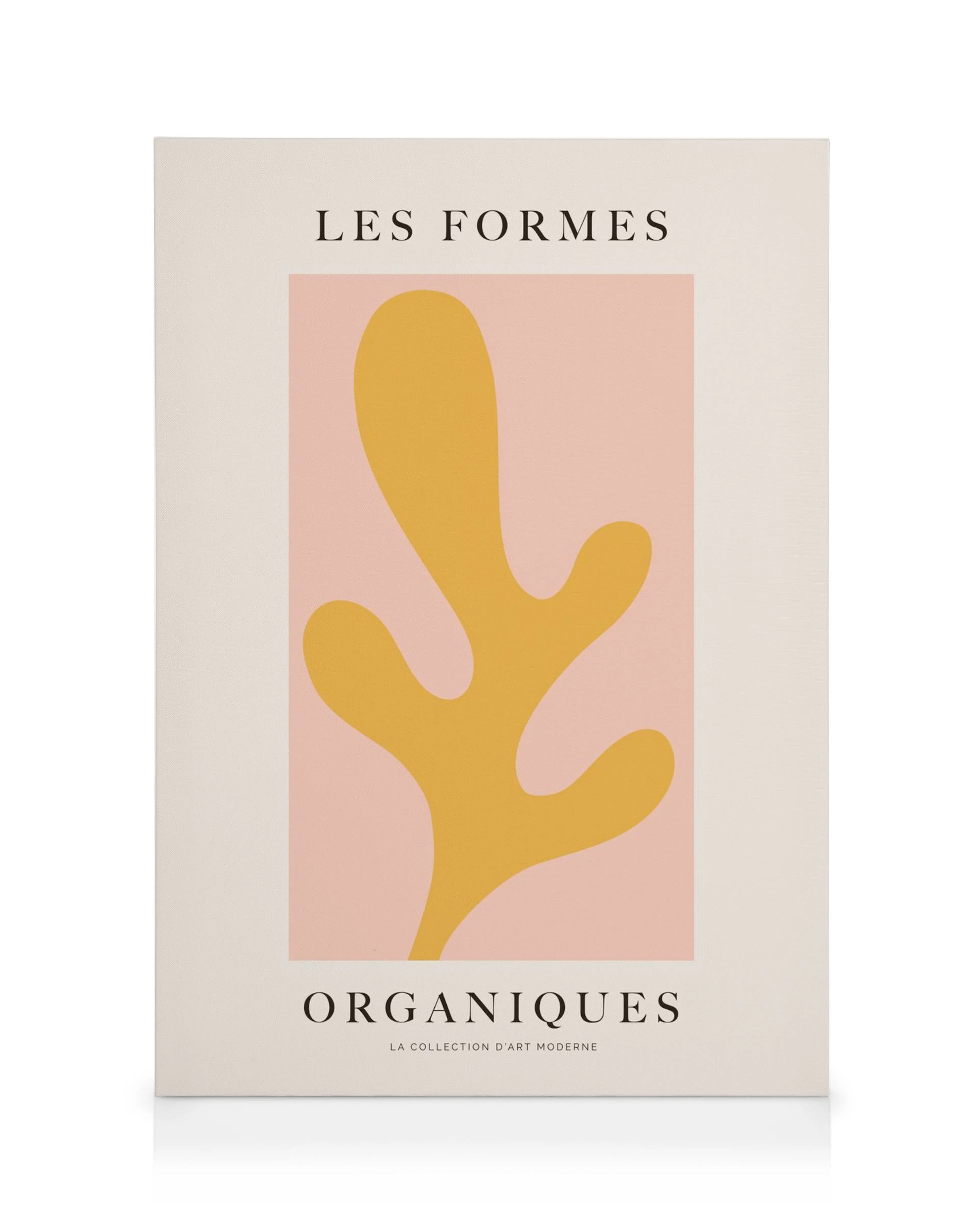 Les Formes Organiques lerret med gul organisk form i rosa firkant, på beige bakgrunn med svart tekst.