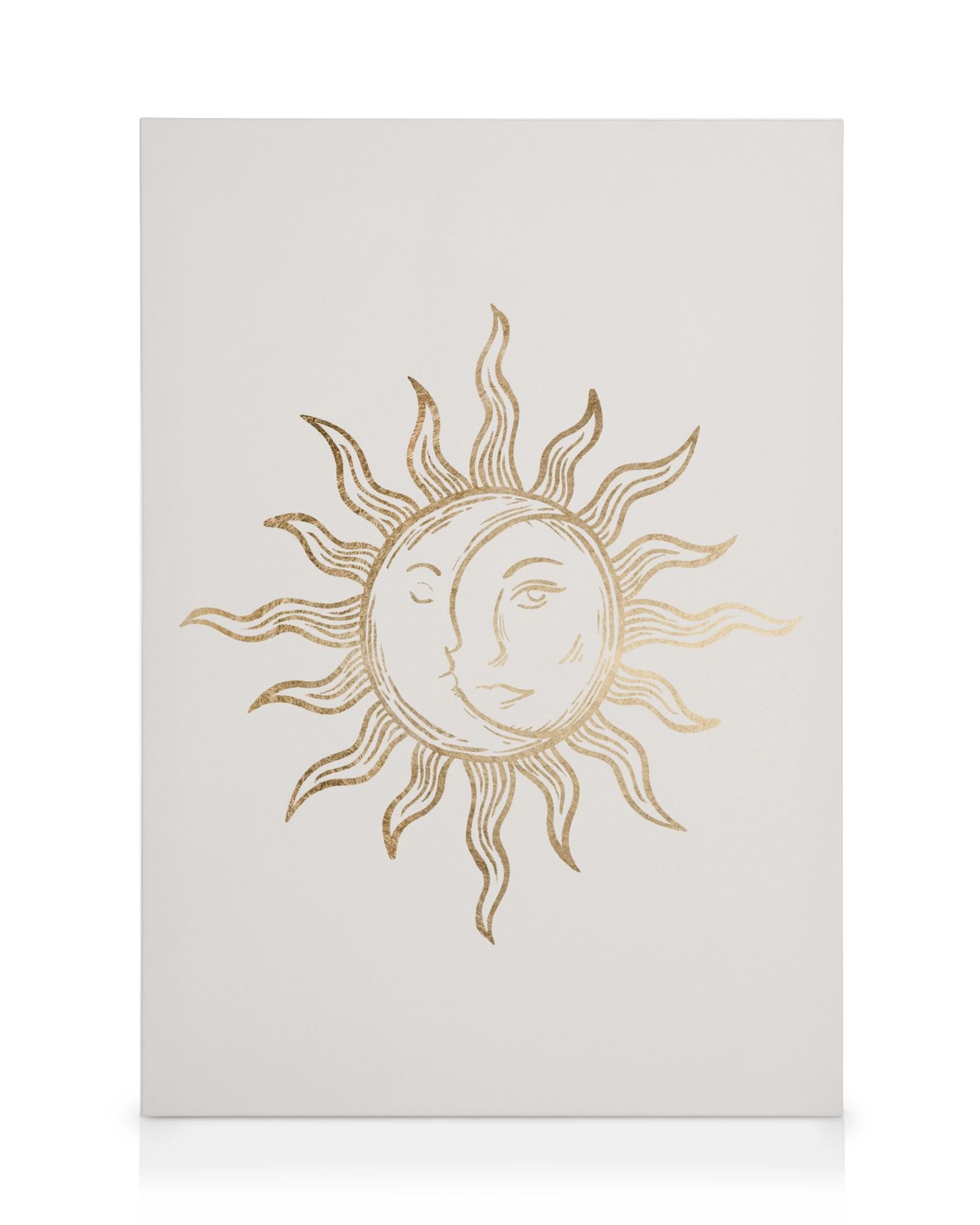 Canvas med guldtryk af Sol og Måne ansigter, himmelsk kunst.