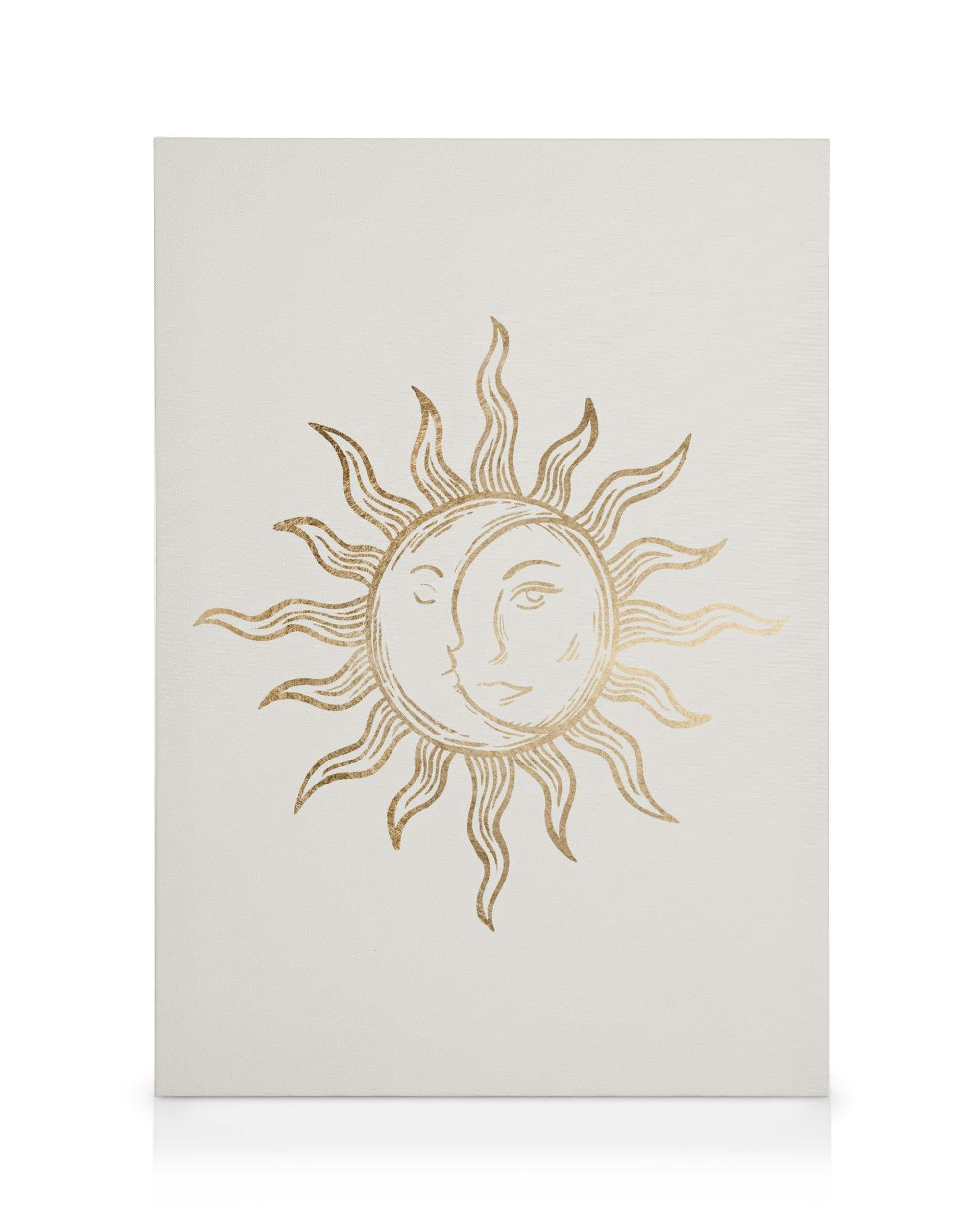Stampa su tela con sole e luna dorati su sfondo bianco, raggi dritti e ondulati. Arte mistica.