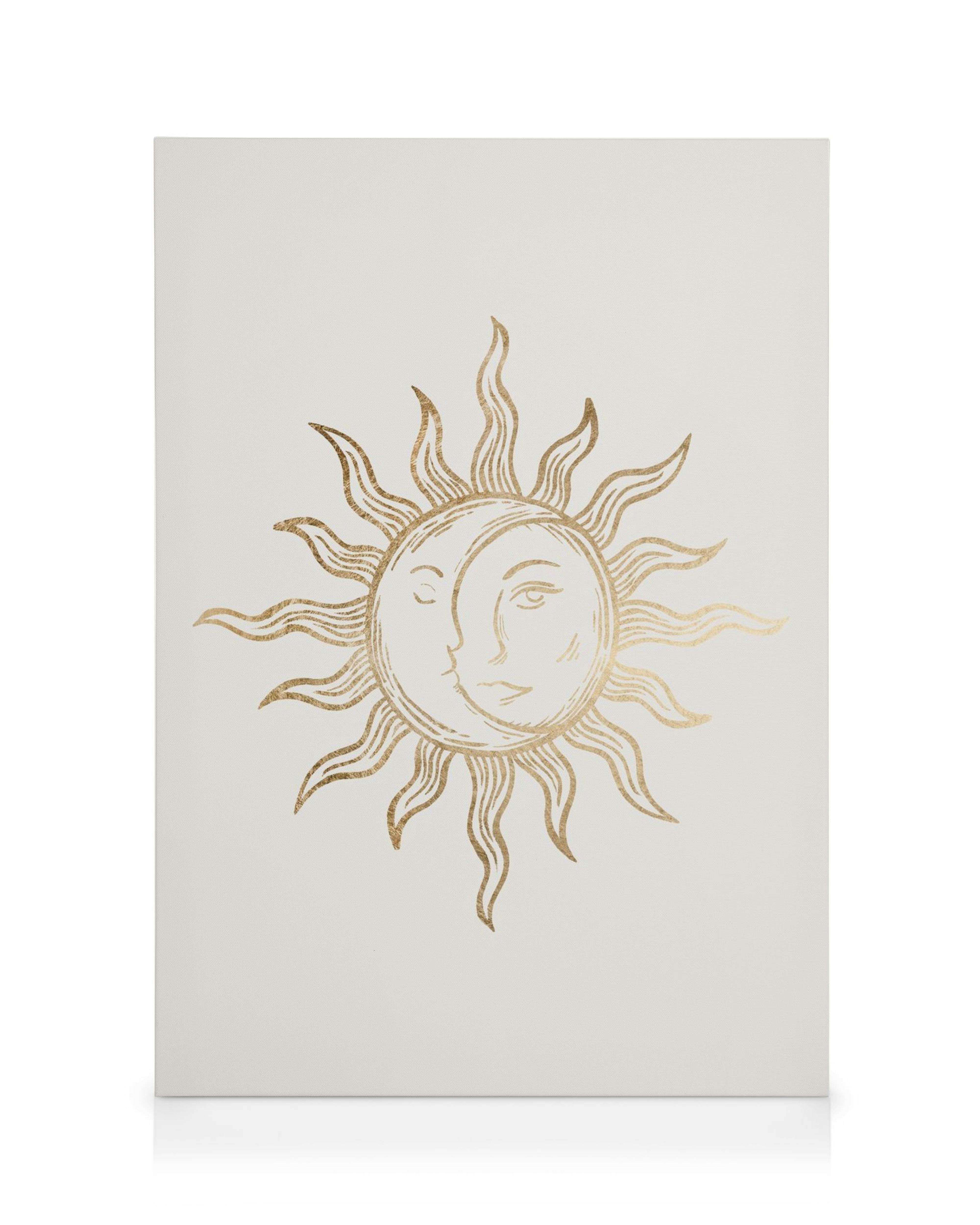 Stampa su tela con sole e luna dorati su sfondo bianco, raggi dritti e ondulati. Arte mistica.