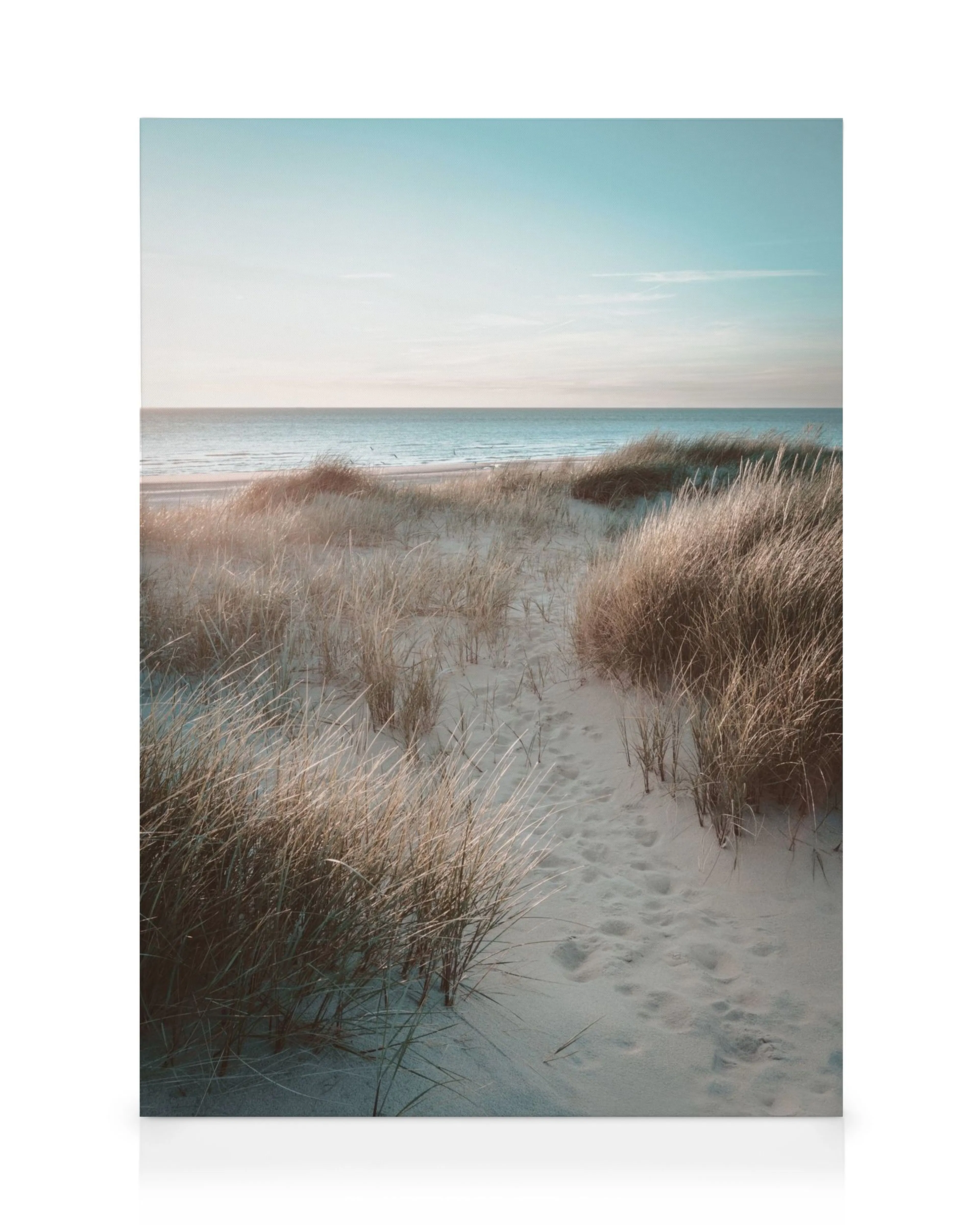 Sunset Beach Dune canvas print, sandy path to ocean, grass, light blue sky with clouds