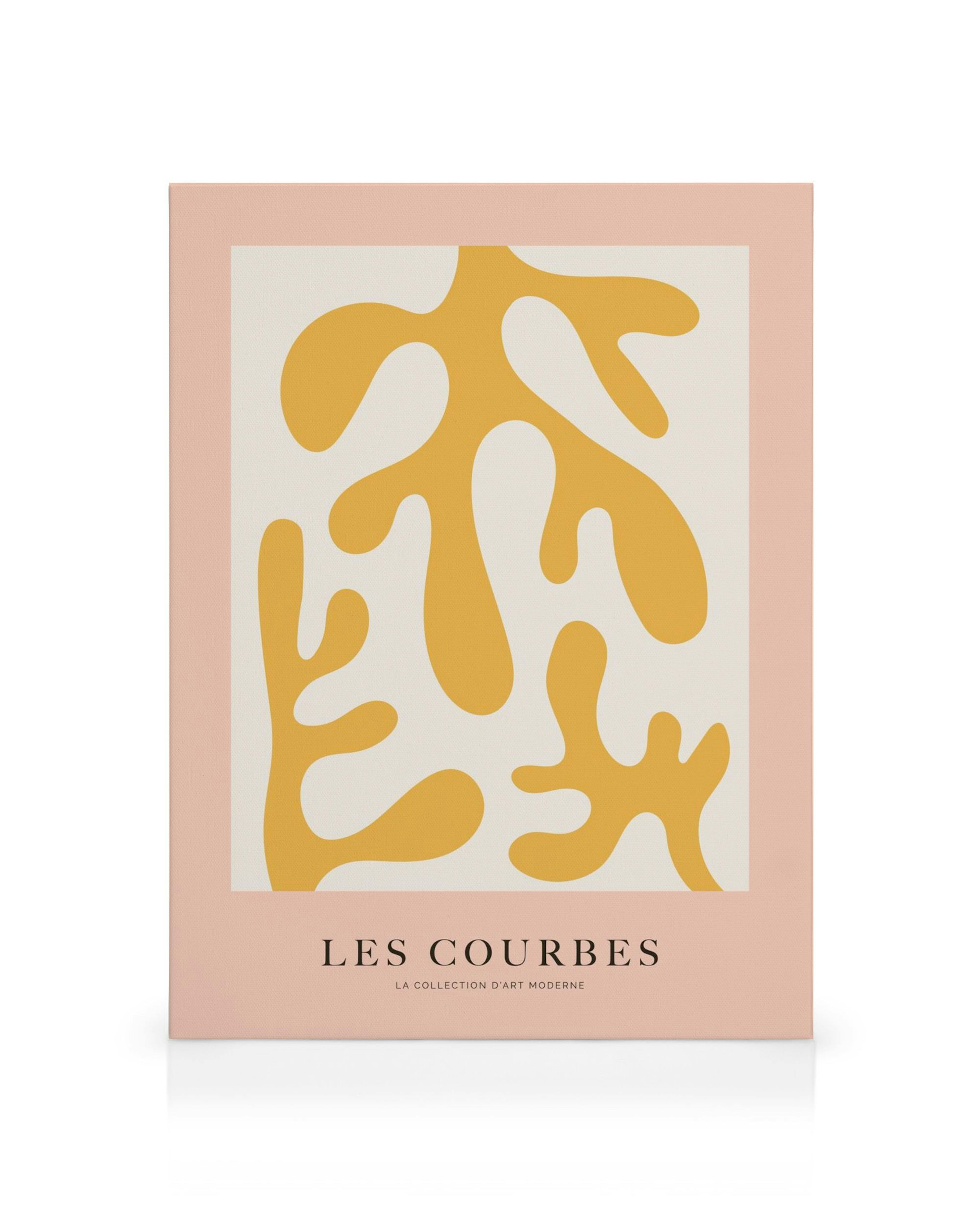 Toile Les Courbes Jaune, formes abstraites jaunes sur fond blanc avec cadre rose pâle, art moderne