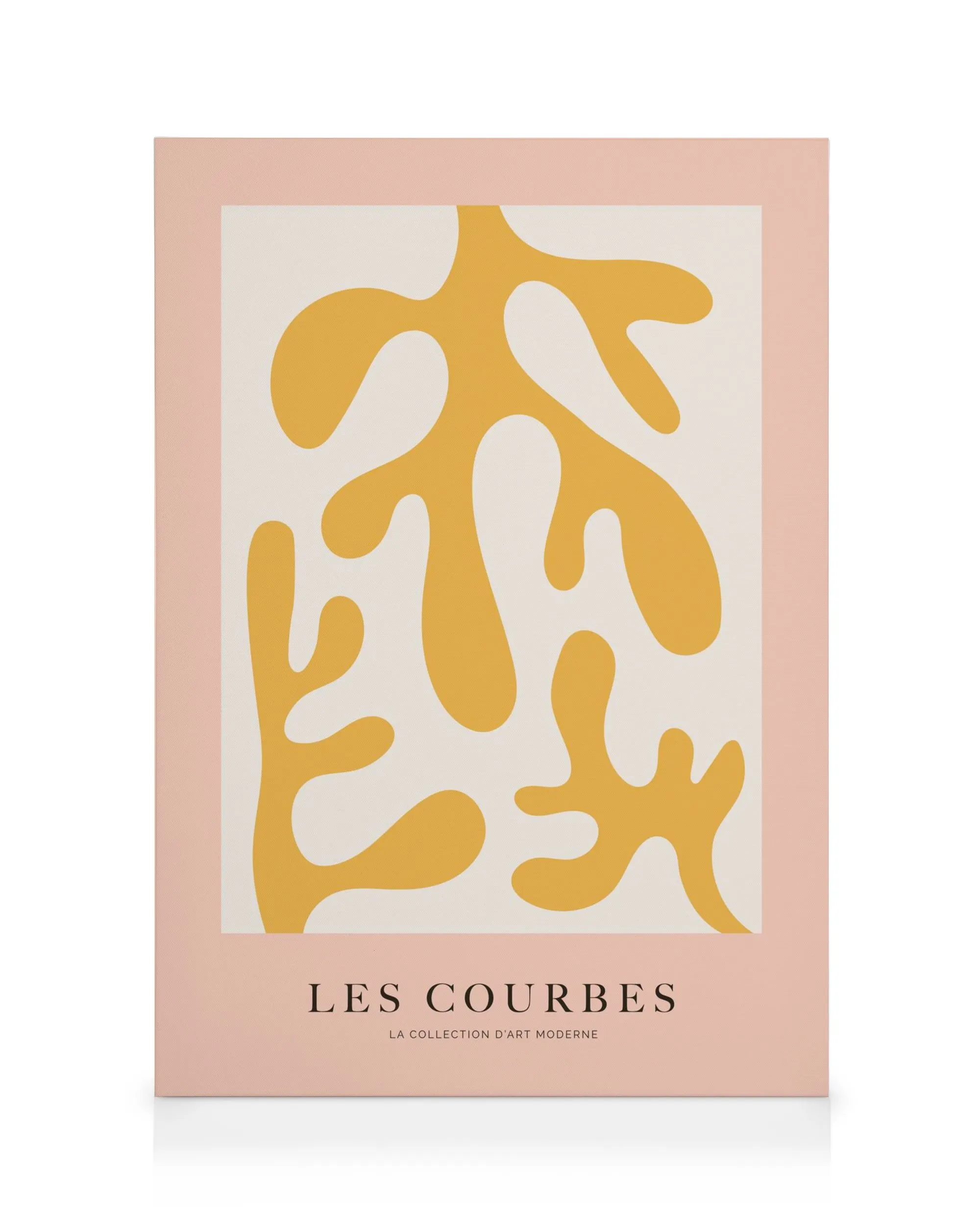 Καμβάς Les Courbes Jaune με αφηρημένα κίτρινα οργανικά σχήματα σε ροζ και μπεζ φόντο, μοντέρνα τέχνη.