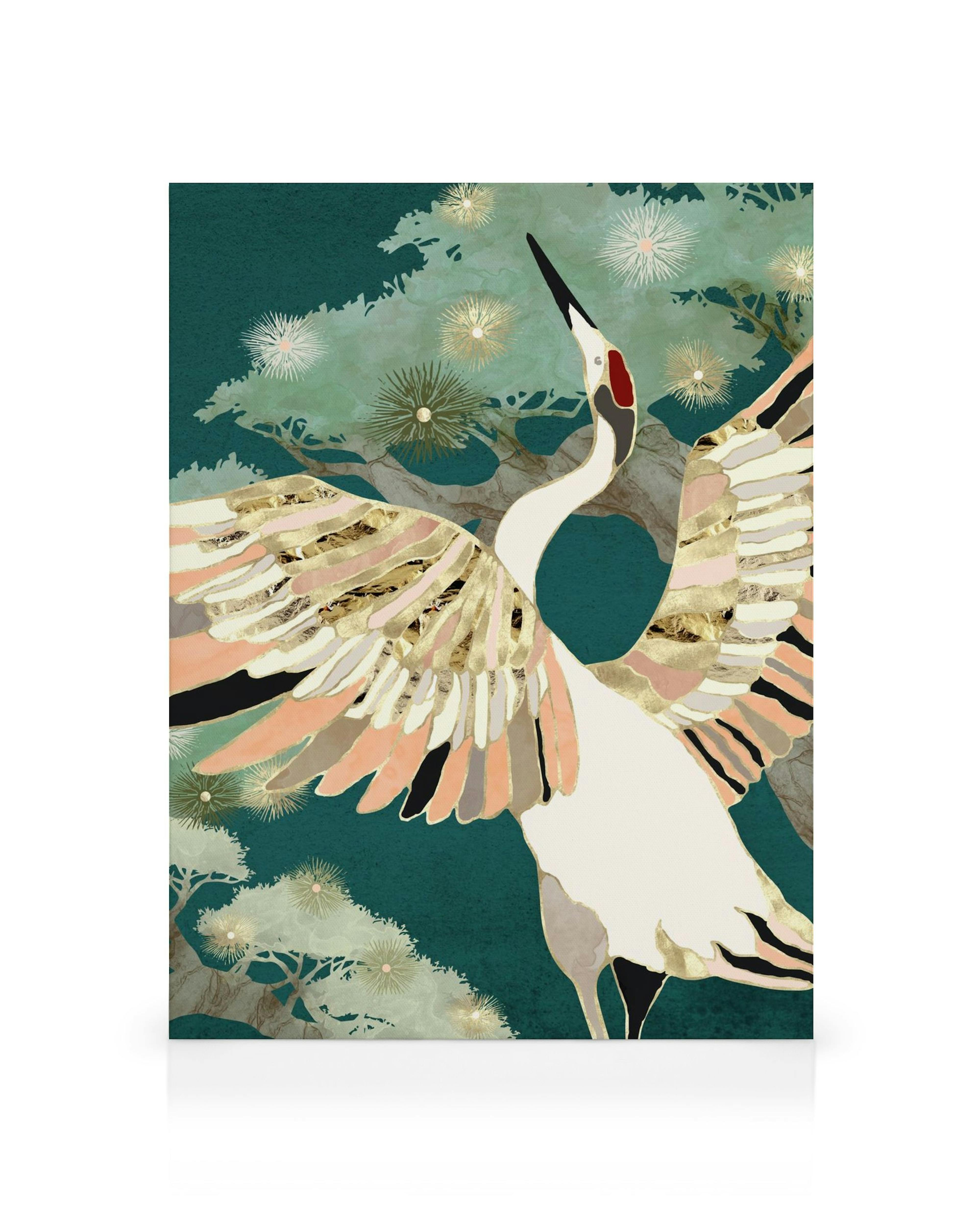 Elegant golden crane art print with outstretched wings, featuring abstract trees and a dark teal background. SpaceFrog Designs c