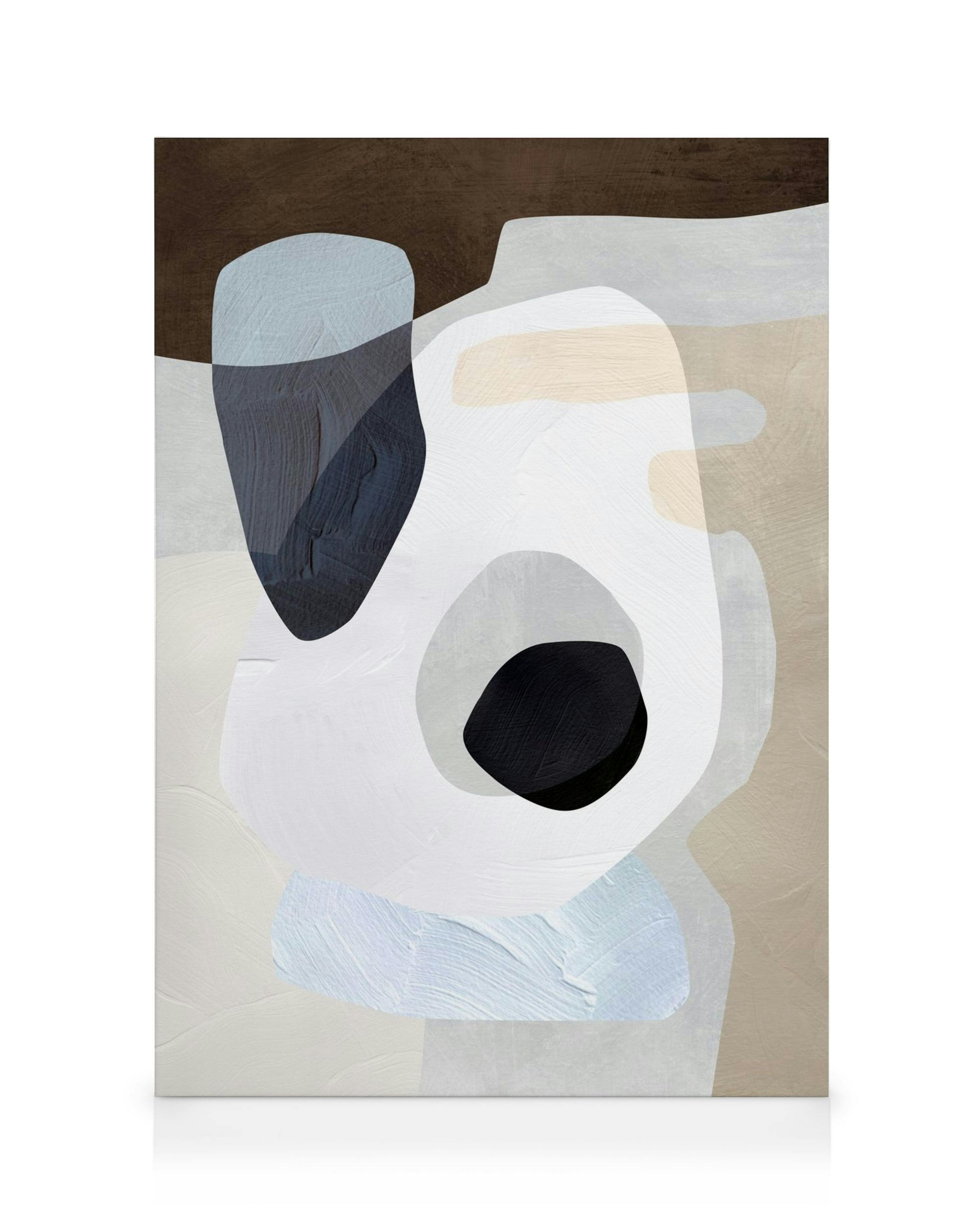 Abstraktný obraz na plátne s hnedými, modrými, béžovými a bielymi organickými tvarmi.